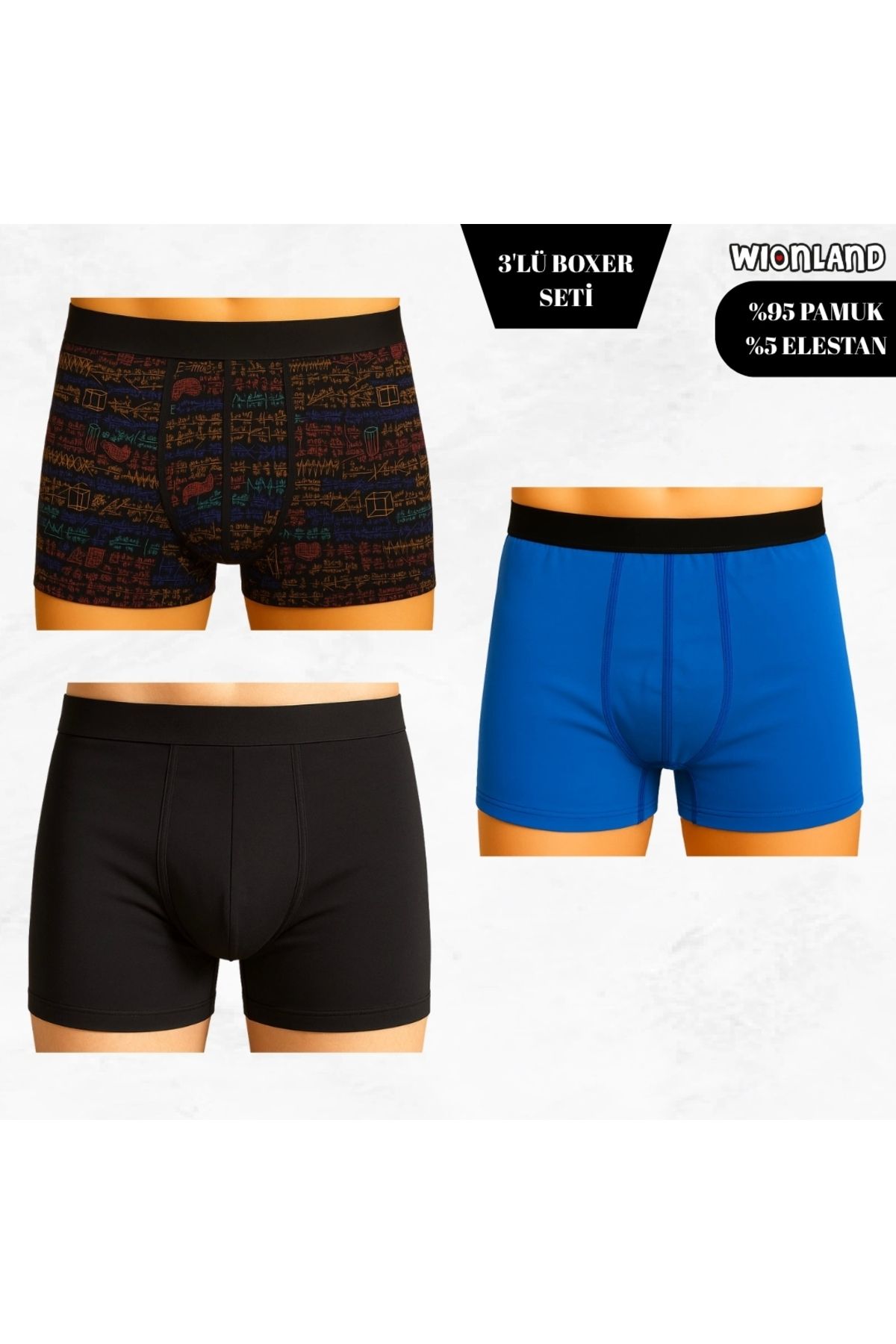 Wionland Erkek 3'lü Boxer Seti – XXL Beden (Renkli Yazılı / Mavi / Siyah)