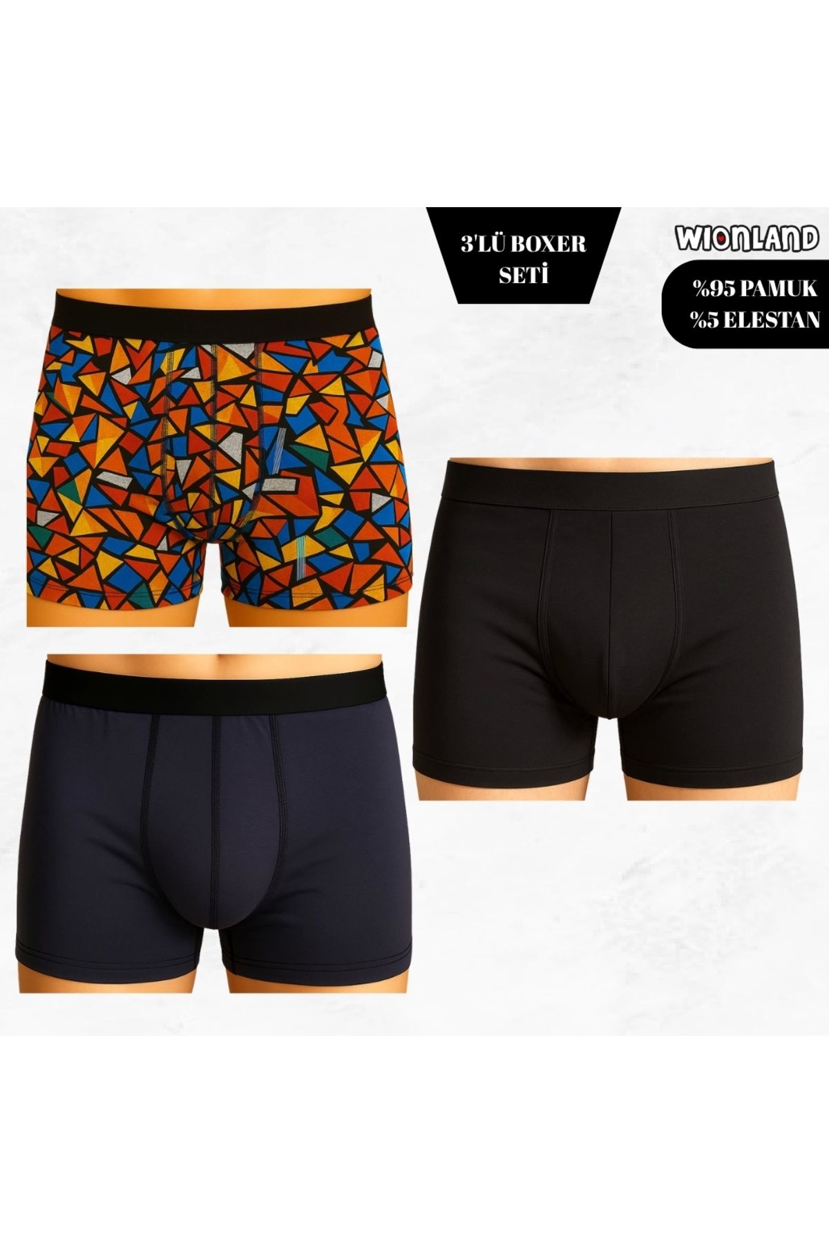 Wionland Erkek 3'lü Boxer Seti – XXL Beden (Renkli Üçgen Desenli / Koyu Mor / Siyah)