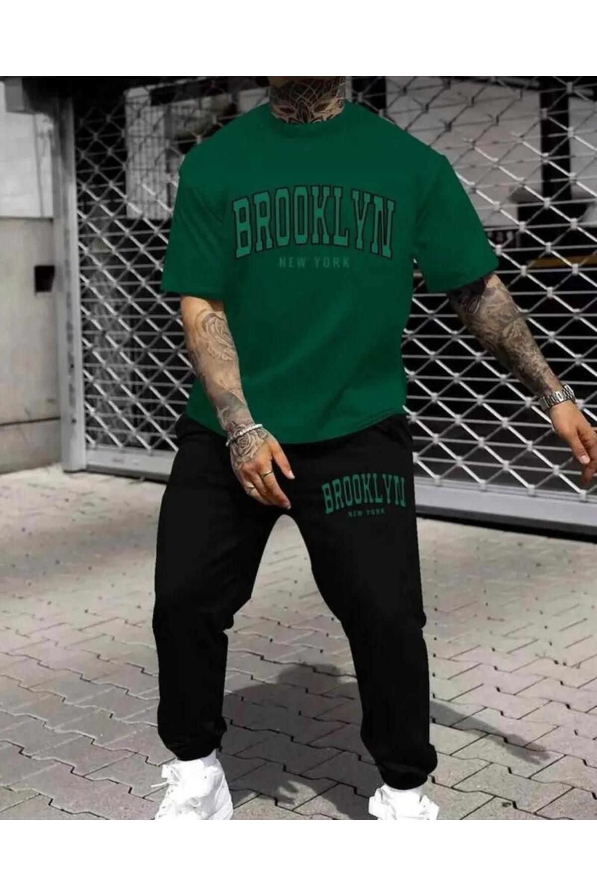 khufu Brooklyn Baskılı Oversize Kalıp Yeşil T-shirt ve Siyah Eşofman ikili Takım unisex