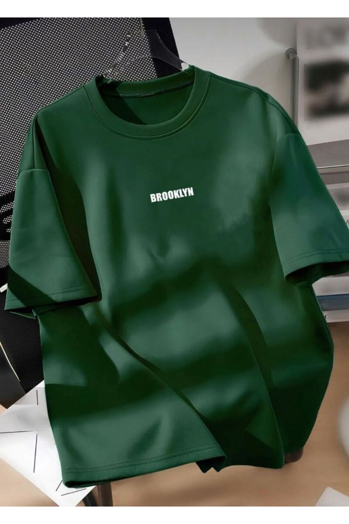 SOKAKTA Yeşil Renkli Oversize Kesim BROOKLYN Baskılı Trend Oversize Tshirt UNİSEX