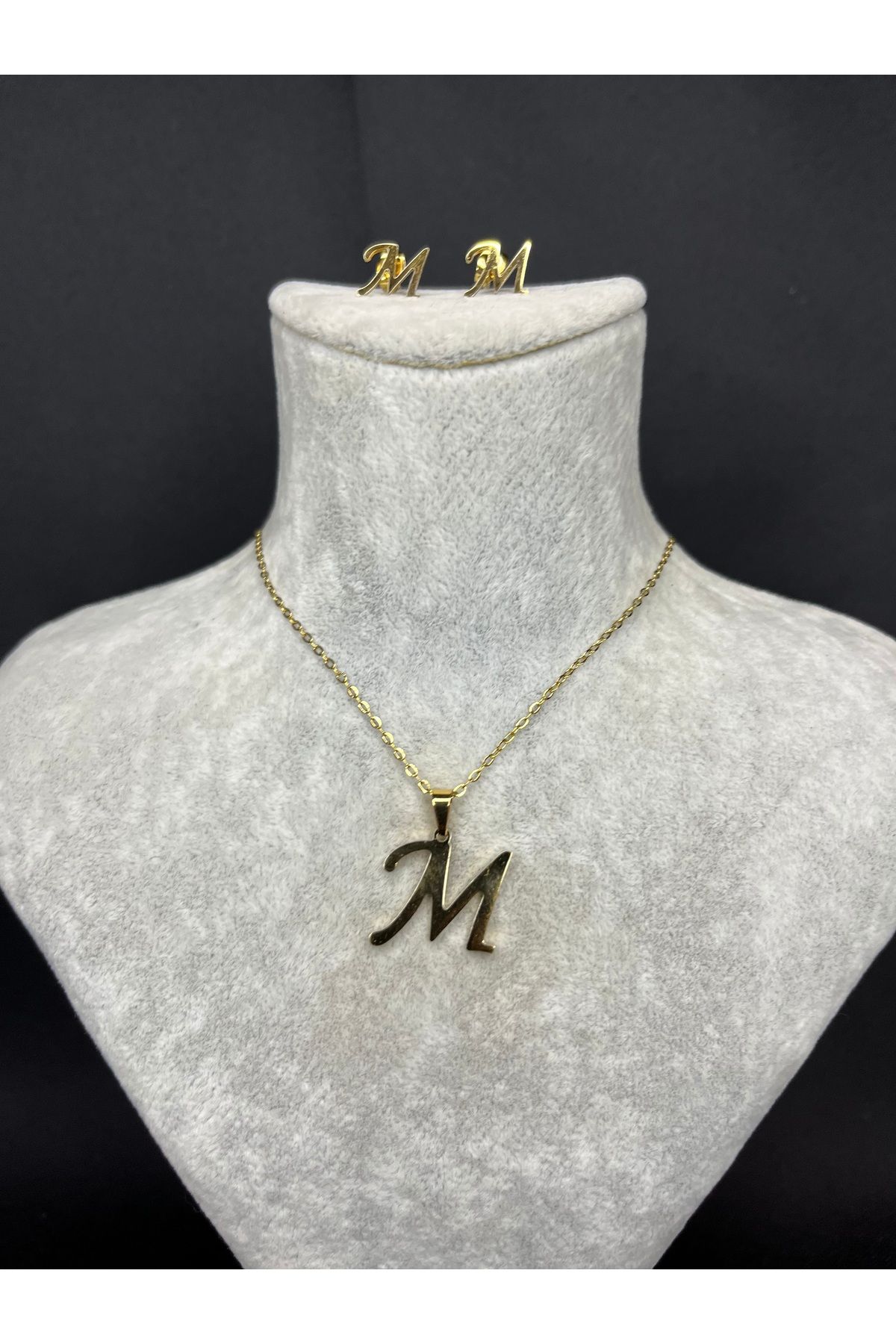 Mos Tespih M Harfi Gold Çelik Kolye ve Küpe Set