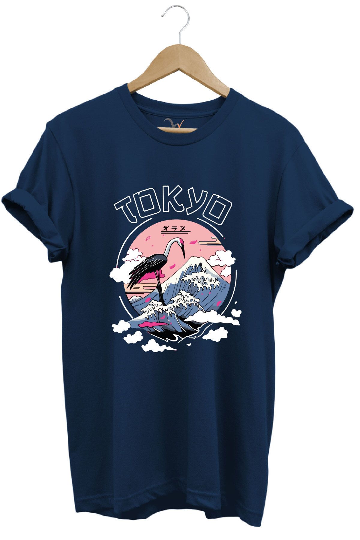 onsrawear Tokyo Baskılı Unisex Tişört - Dağ ve Flamingo Desenli %100 Pamuk Basic T-shirt