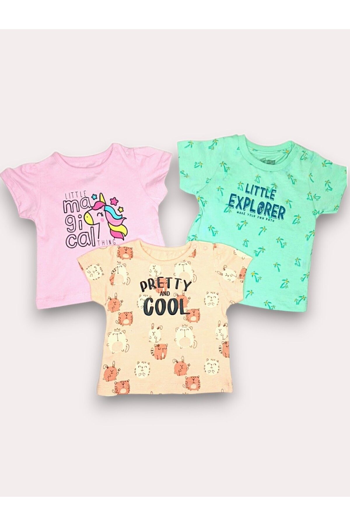 For My Baby 3'lü Kız Bebek Tişört Seti - Unicorn, Hayvan ve Explorer Desenli