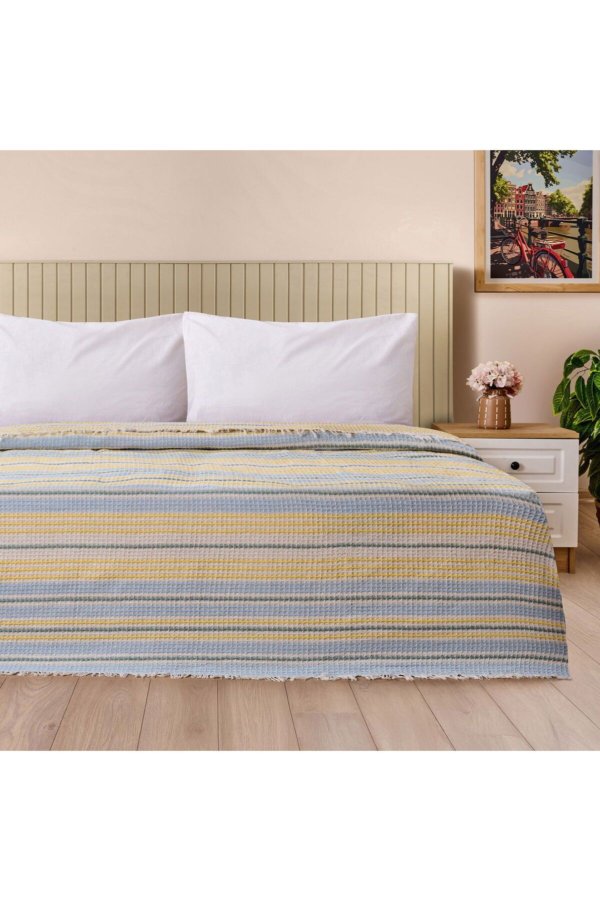 ASPARTAM Radiant Çift Kişilik Pike - Ekru / Mavi - 200x230 cm