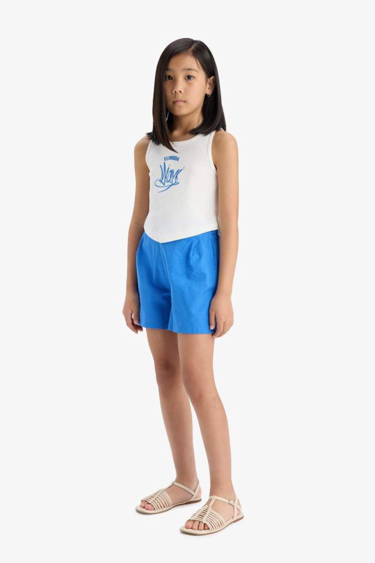 DeFacto-Girl's 2-Piece Set Printed Undershirt Linen Look Shorts E6851A825Hs 2