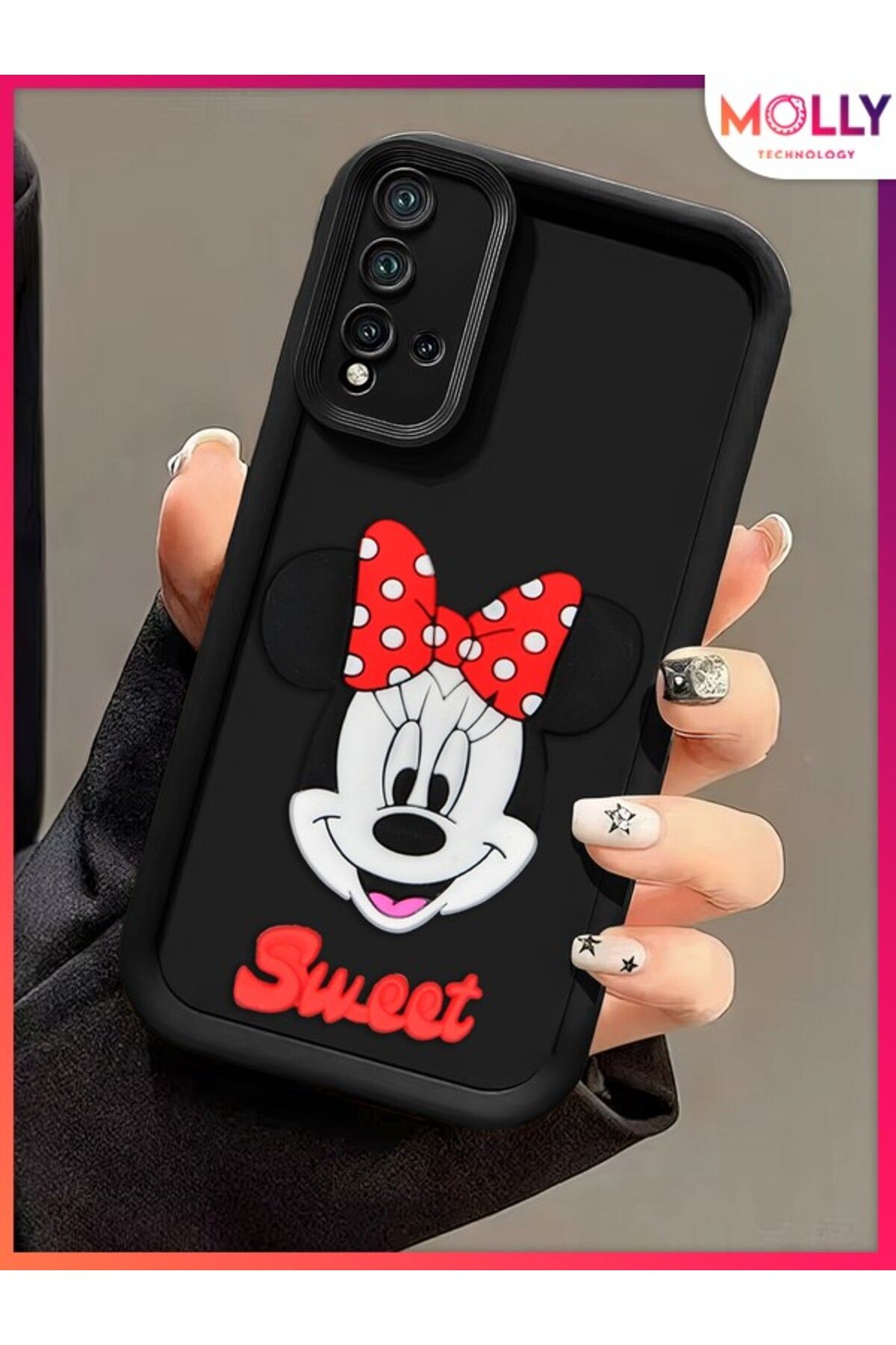 Molly Xiaomi Redmi 9T İçin Siyah Kenarları Kalın 3d Kabartmalı Sevimli Minnie Silikon Kılıf