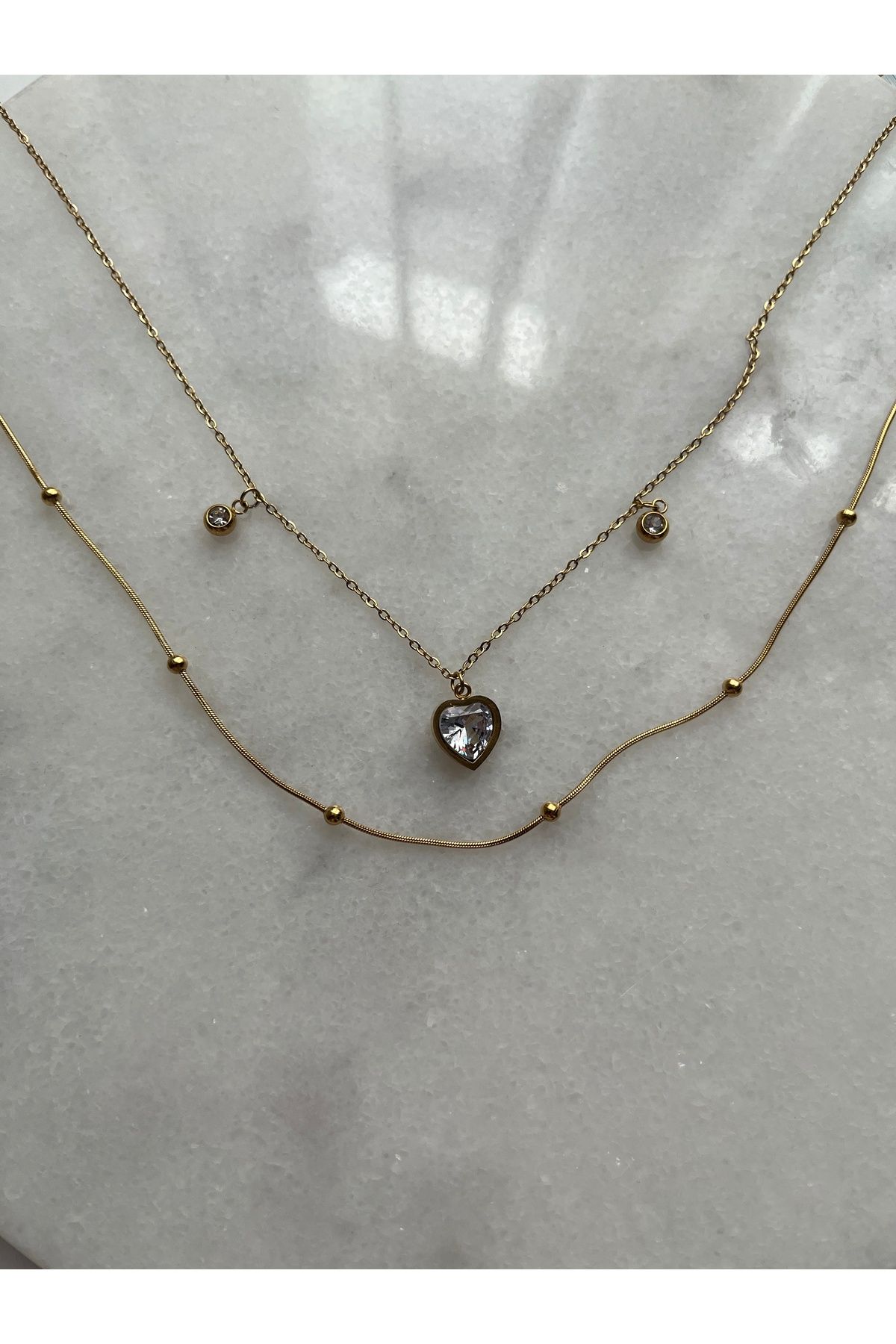 Alya Jewelry Çelik Gold Dorika Zincirli 2’li Kalp Kolye