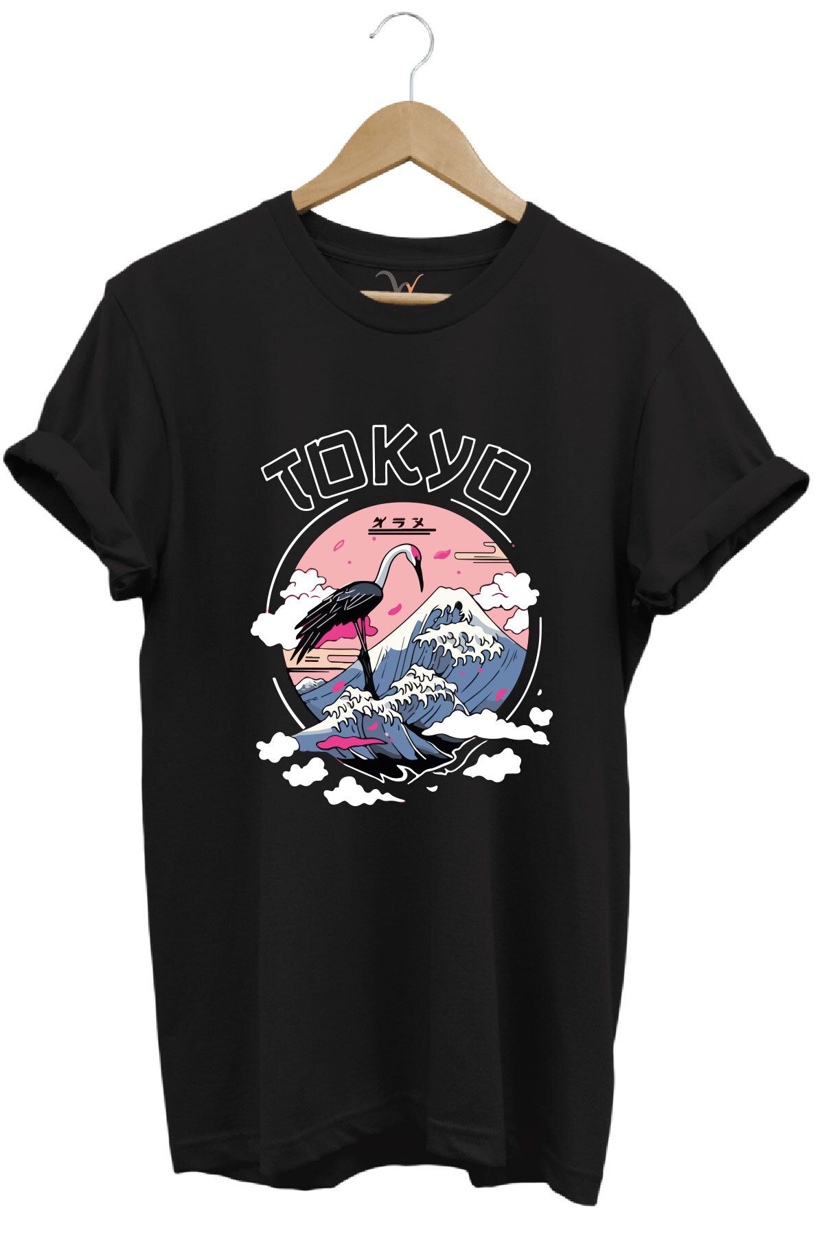 onsrawear Tokyo Baskılı Unisex Tişört - Dağ ve Flamingo Desenli %100 Pamuk Basic T-shirt