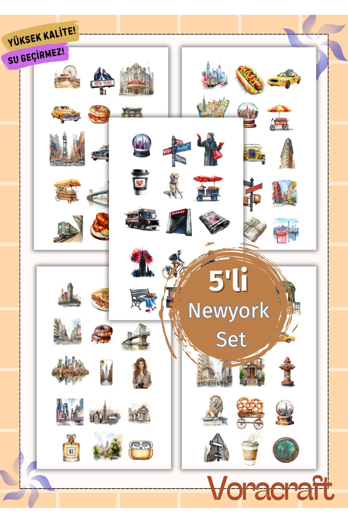 VORACRAFT 5'li NewYork Sticker Set Ajanda Bullet Journal Set A024