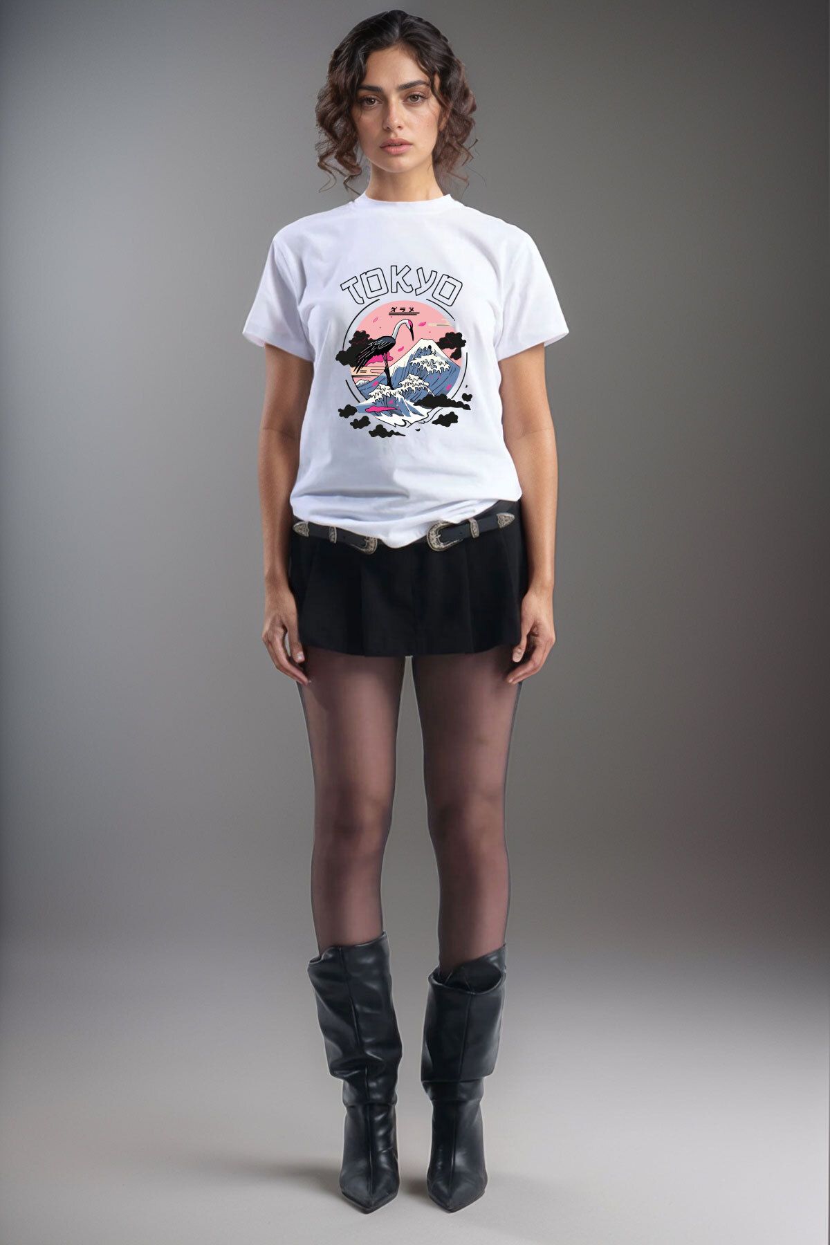 onsrawear Tokyo Baskılı Unisex Tişört - Dağ ve Flamingo Desenli %100 Pamuk Basic T-shirt