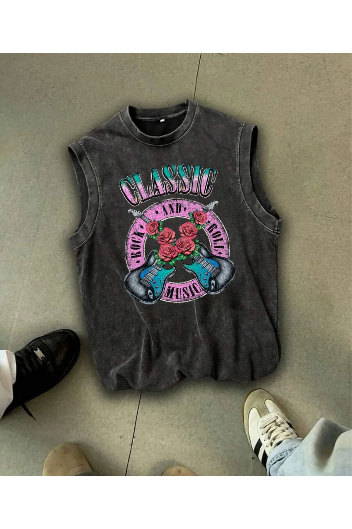 1blood Rock And Roll Kolsuz Atlet Bisiklet Yaka Yıkamalı Vintage Unisex Oversize T-Shirt