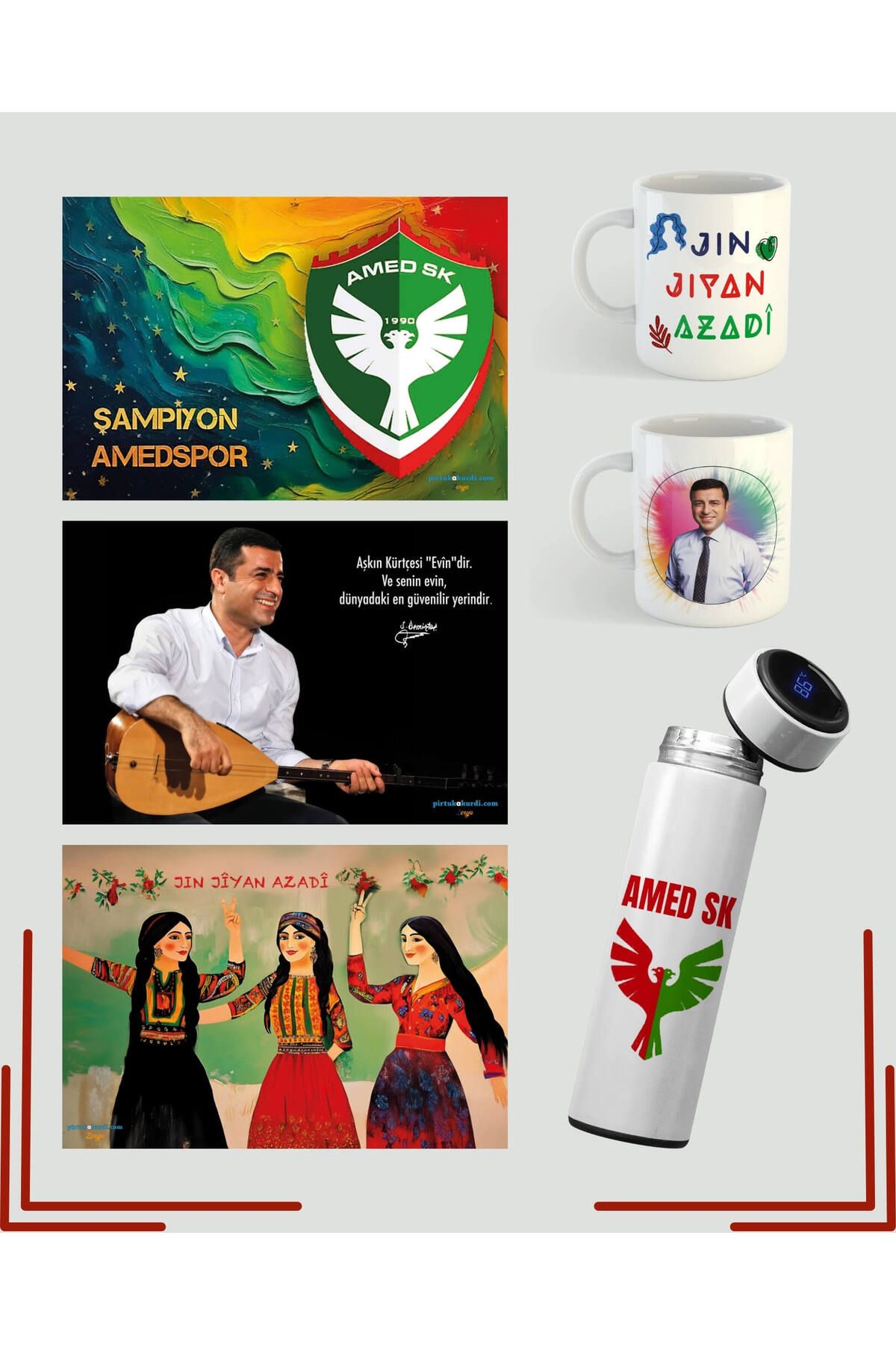ZERYA Amedspor Termos Poster - Selahattin Demirtaş Kupa Poster -Jin Jiyan Azadi (2 KUPA 1 TERMOS 3 POSTER)