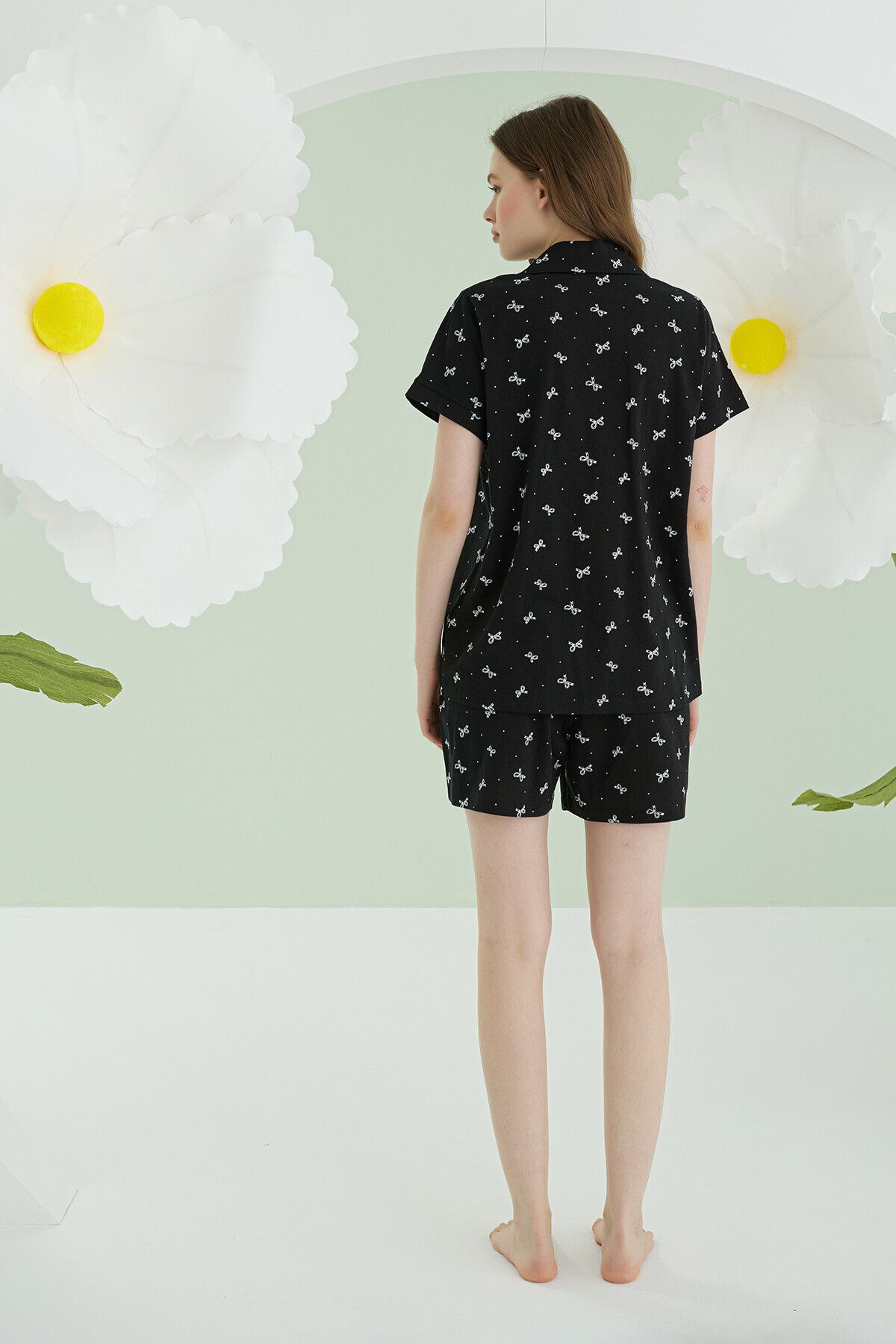 Lüx Wood NBB 68165 KADIN SIYAH BOW ÖNDEN DÜĞMELİ ŞORTLU PIJAMA TAKIMI