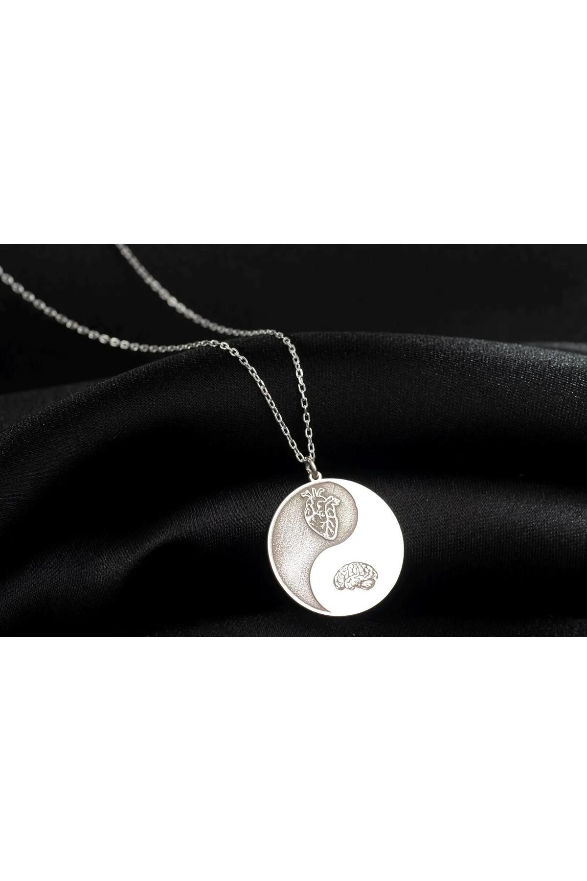 MG SİLVER 925 Ayar Gümüş Yin Yang Kalp Ve Beyin, Aşk Ve Mantık Kolyesi