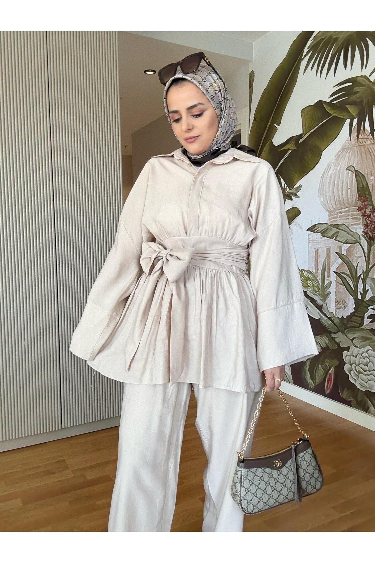 Aselim Hijap Moda Kurdele Kuşaklı Pamuklu Yazlık İkili Takım – Geniş Kollu Takım (36–42 Beden) Bej