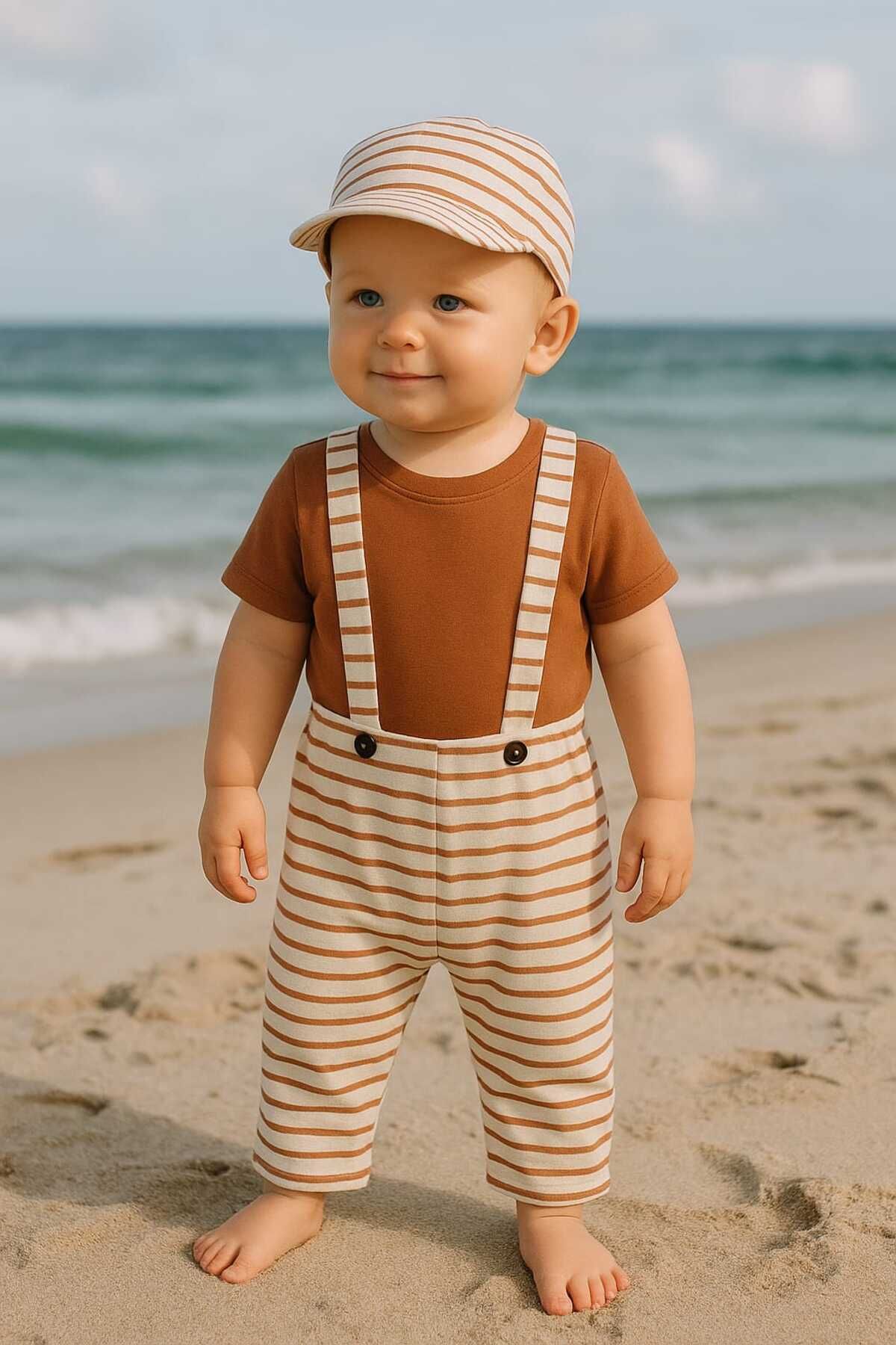 Lino Baby Salopet Şapkalı Çizgili Omuzdan Çıtçıtlı %100 Pamuk Yazlık Erkek Bebek Takım
