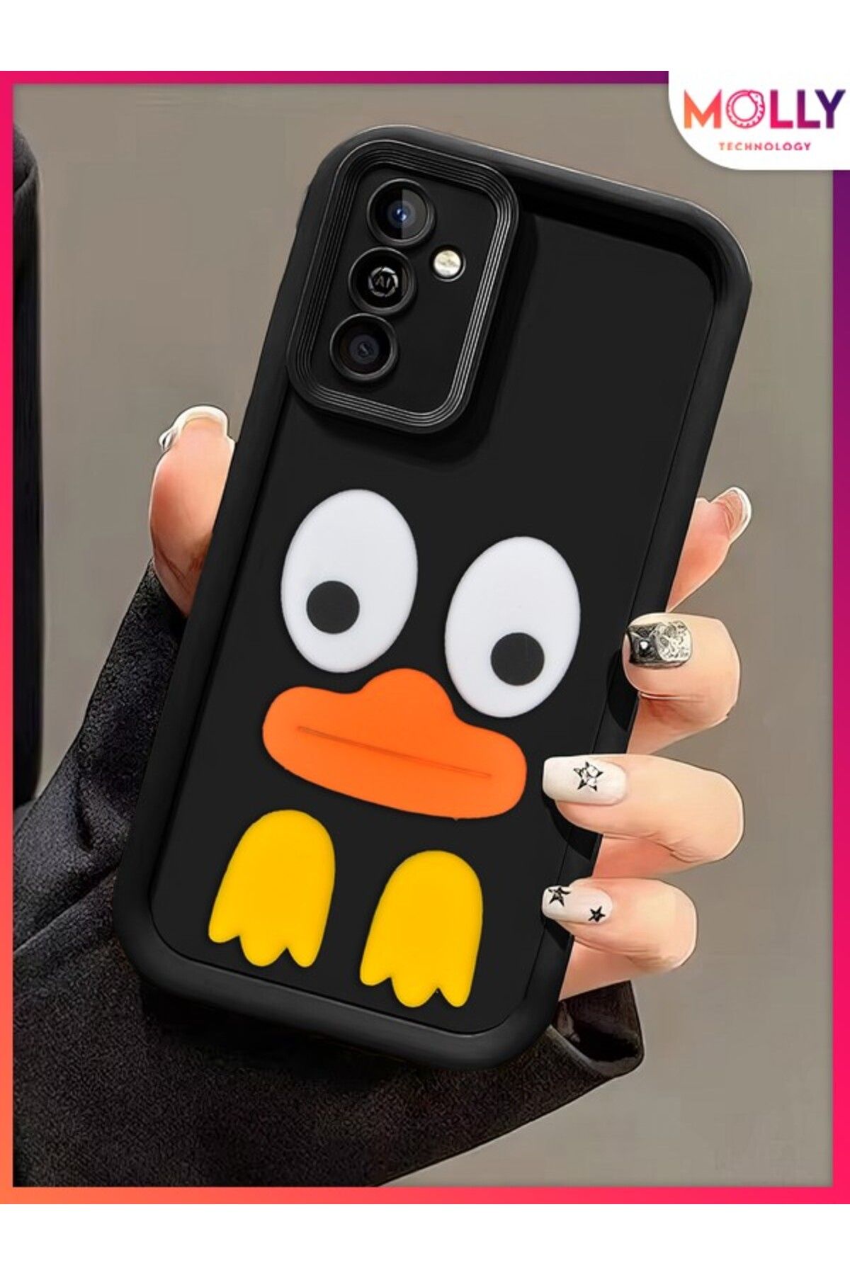 Molly Samsung Galaxy M13 İçin Siyah Kenarları Kalın 3d Kabartmalı Cute Duck Silikon Kılıf