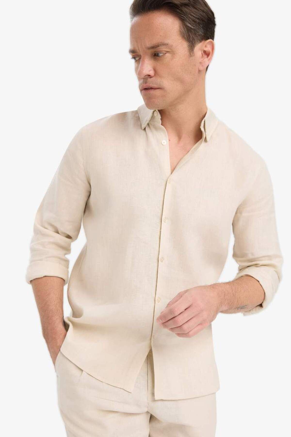 DeFacto Yeni Sezon %100 Keten Regular Fit Polo Yaka Yazlık Basic Düz Uzun Kollu Gömlek
