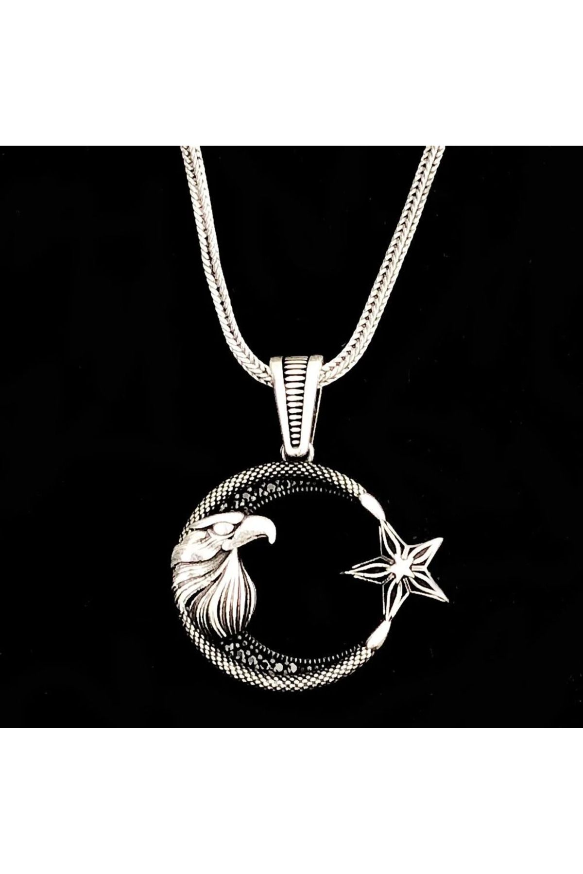 shop Kartal Başlı Ay Yıldız 925 Ayar Gümüş Erkek Kolye