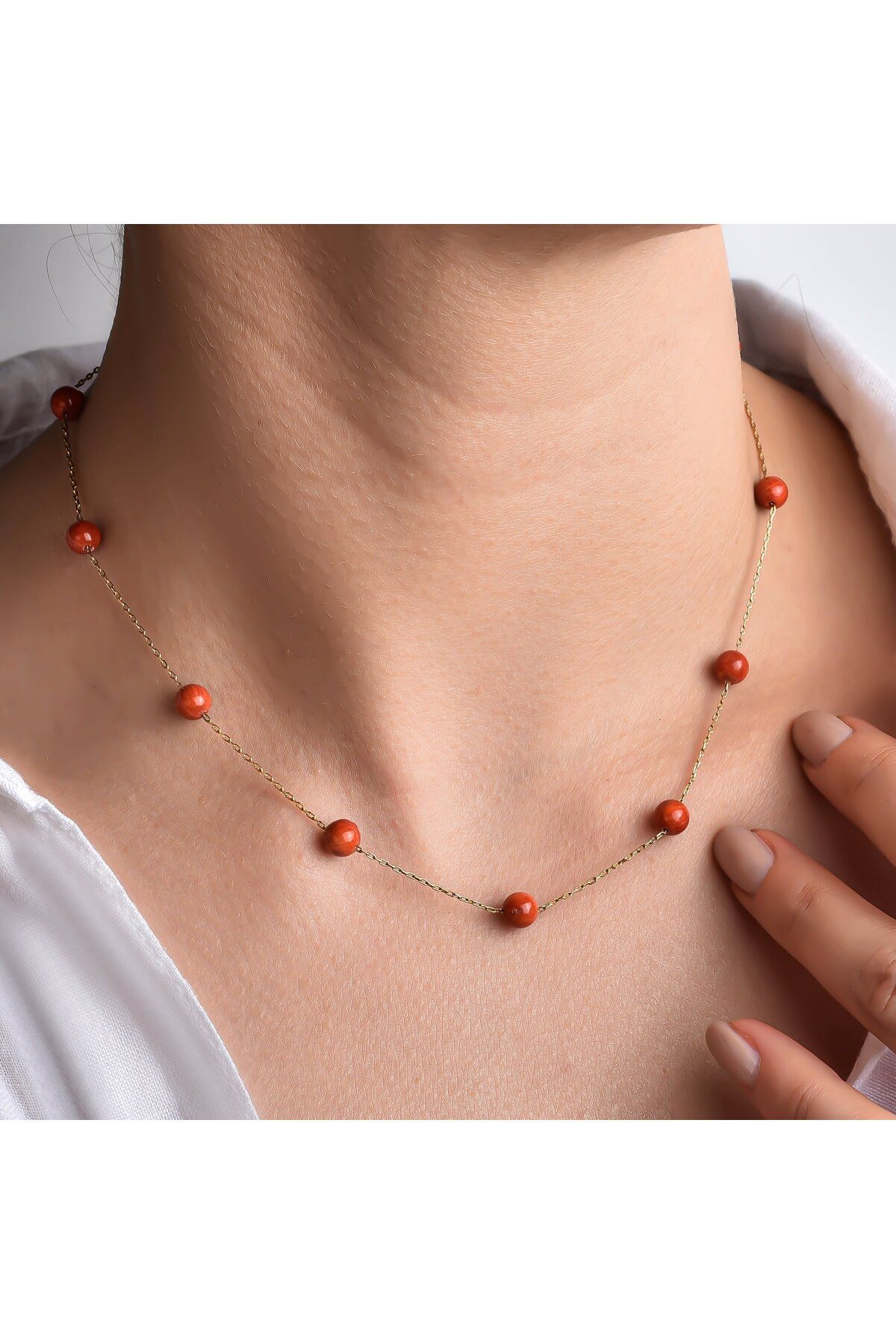 Nox Jewelry 14 Ayar Altın Kaplama Doğal Mercan Boncuk Gümüş Kolye - CNS00632