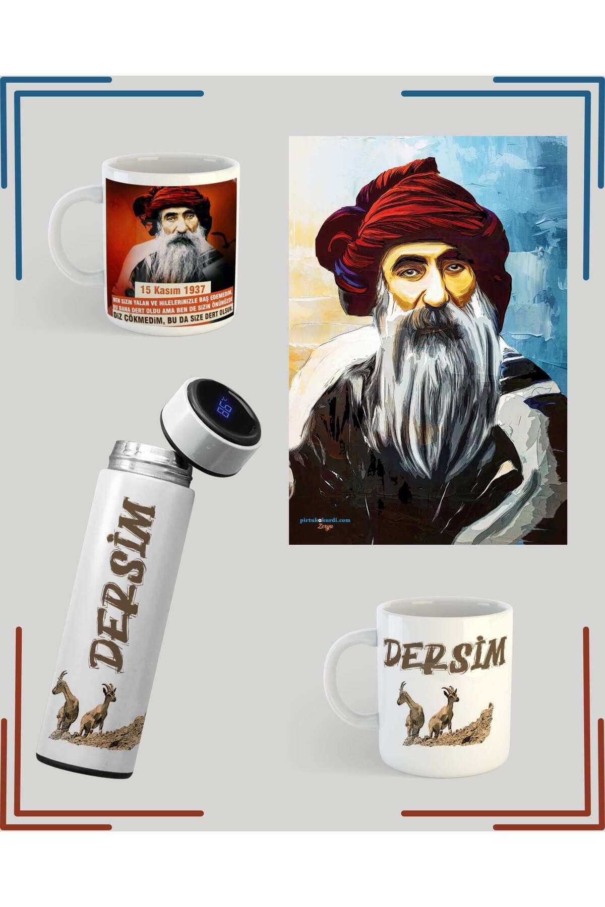 ZERYA Dersim Temalı Kupa ve Termos - Seyit Rıza Resimli Poster ve Kupa Bardak (2 KUPA 1 POSTER 1 TERMOS)