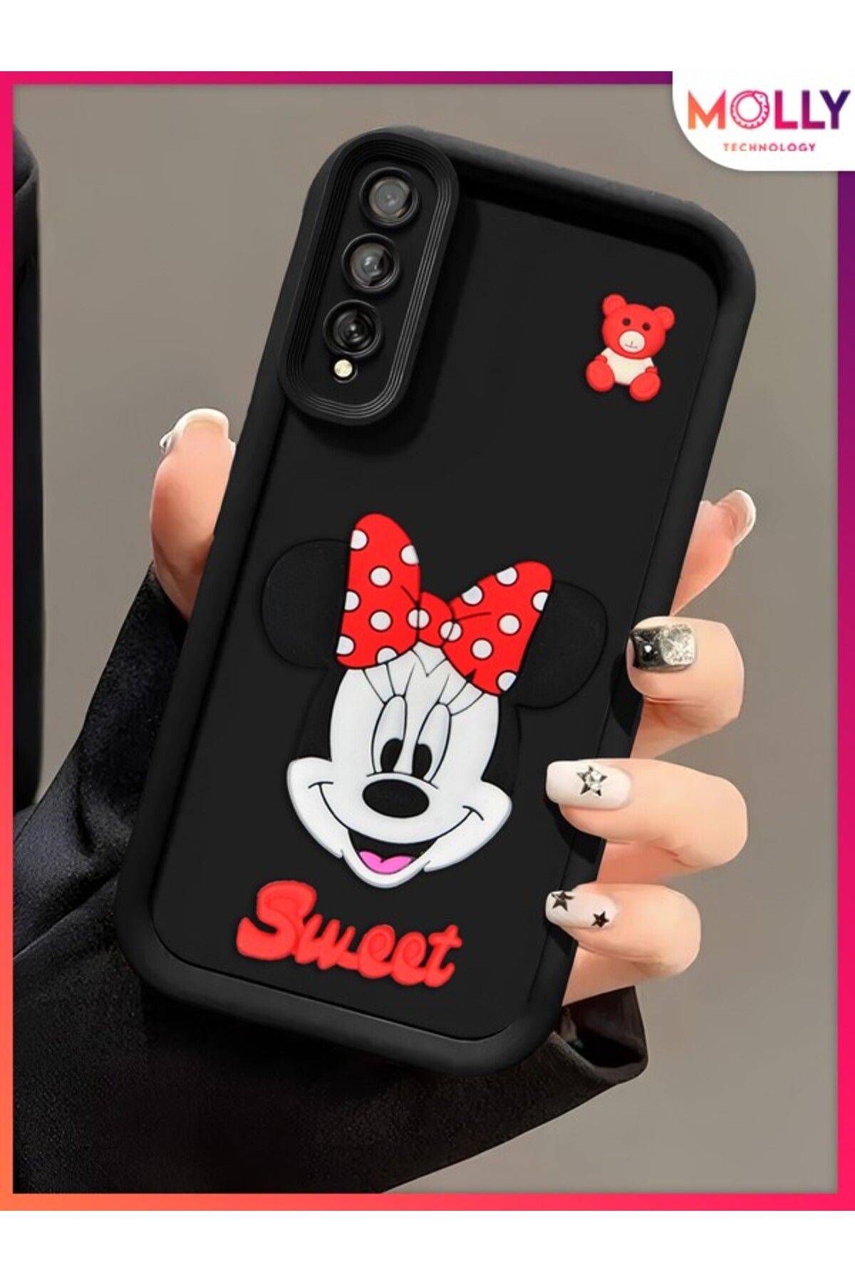 Molly Samsung Galaxy A30s İçin Siyah Kenarları Kalın 3d Kabartmalı Sevimli Minnie Silikon Kılıf
