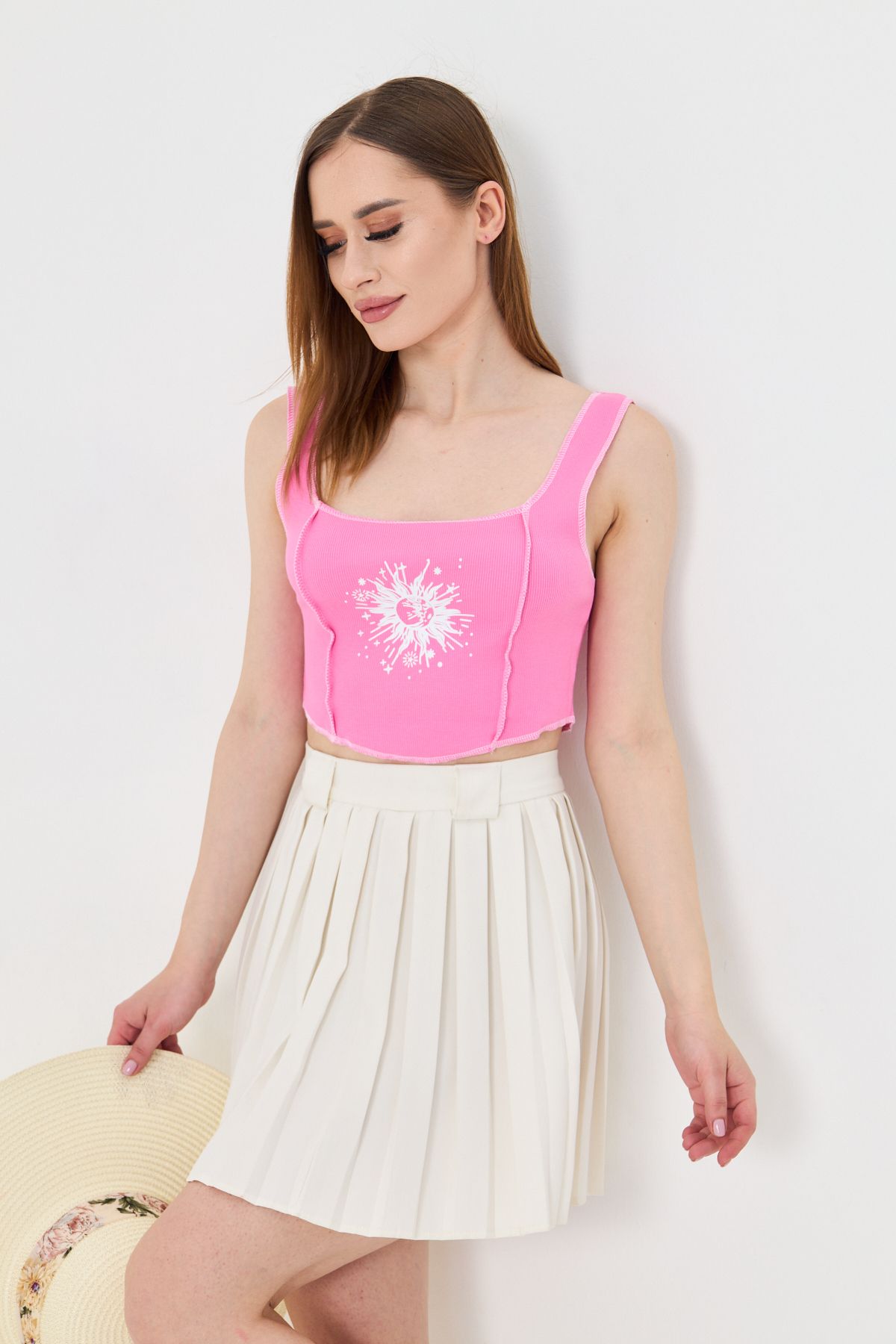AS Anita Store Pembe Baskılı Kalın Askılı Kare Yaka Esnek Korse Crop Top