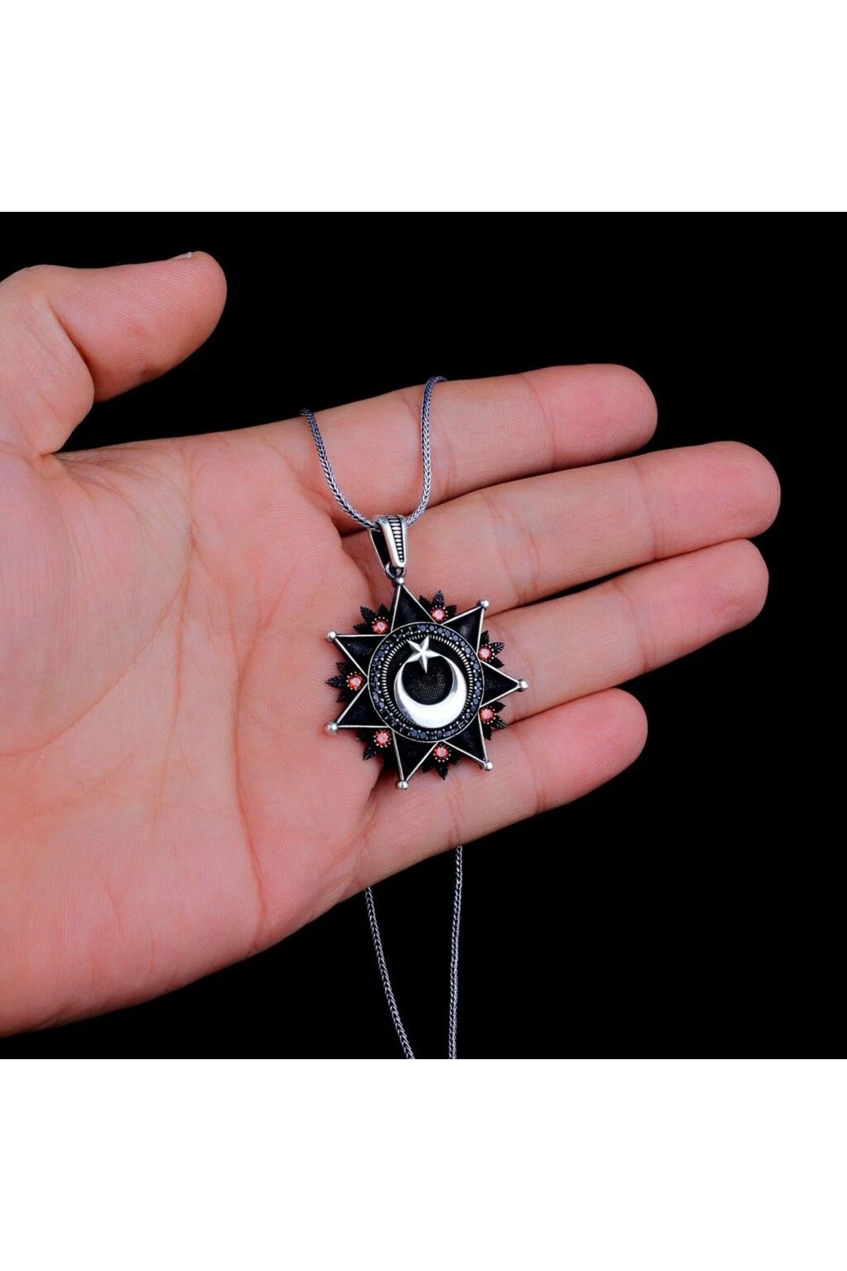 shop Zirkon Taşlı Ay Yıldız 925 Ayar Gümüş Erkek Kolye