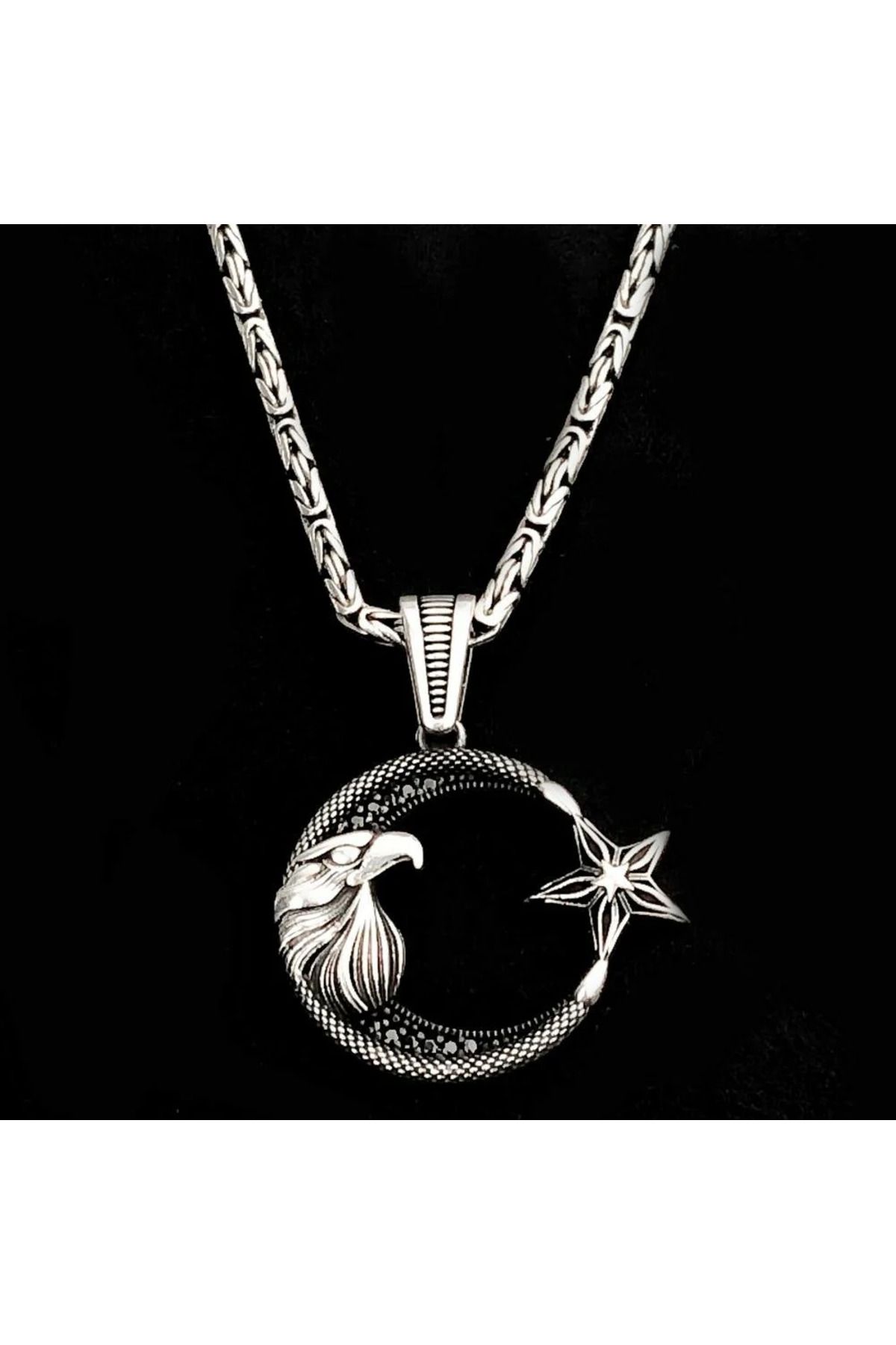 shop Ay Yıldız Kartal Başlı Kral Zincir 925 Ayar Gümüş Erkek Kolye