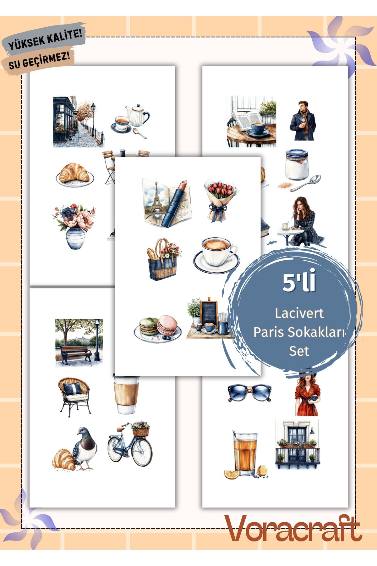 VORACRAFT 5'li Lacivert Paris Sokak Sticker Set Ajanda Bullet Journal Set A035