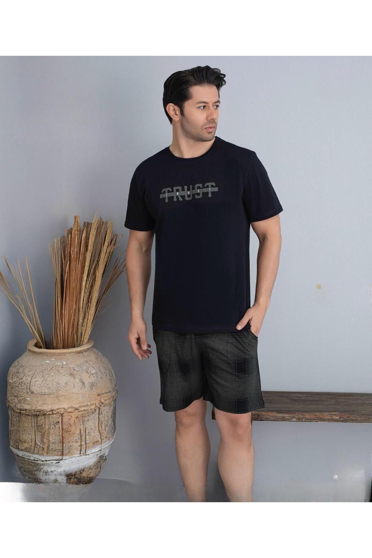 Pijamoni Erkek Bisiklet Yaka Kısa Kol Şortlu Pijama Takımı 6175/3 - 1 Adet