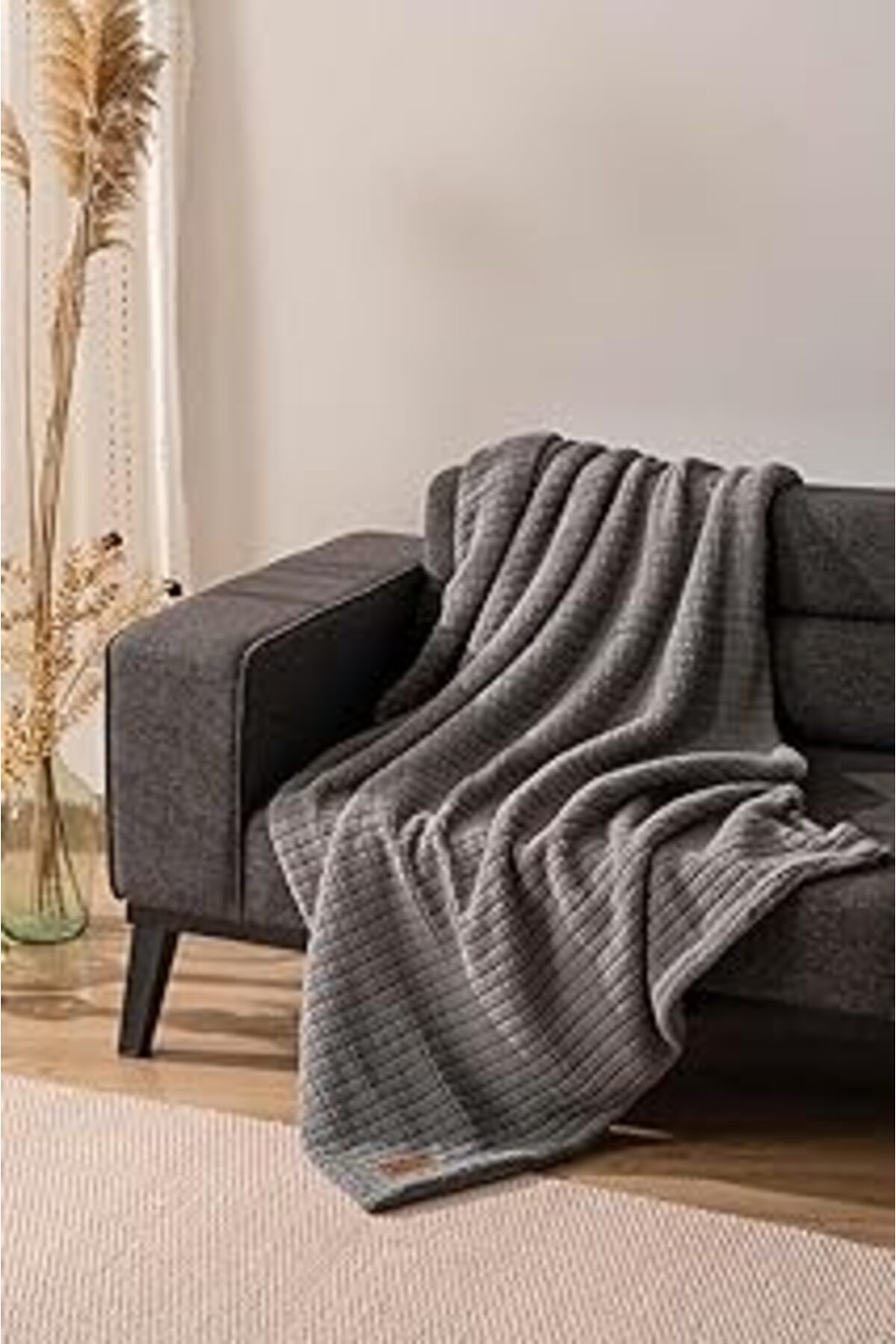 Mu Art Ahşap Rivaistanbul Wellsoft Tek Kişilik Kareli Battaniye - Peluş Tv Battaniyesi 100X170 Cm Gri