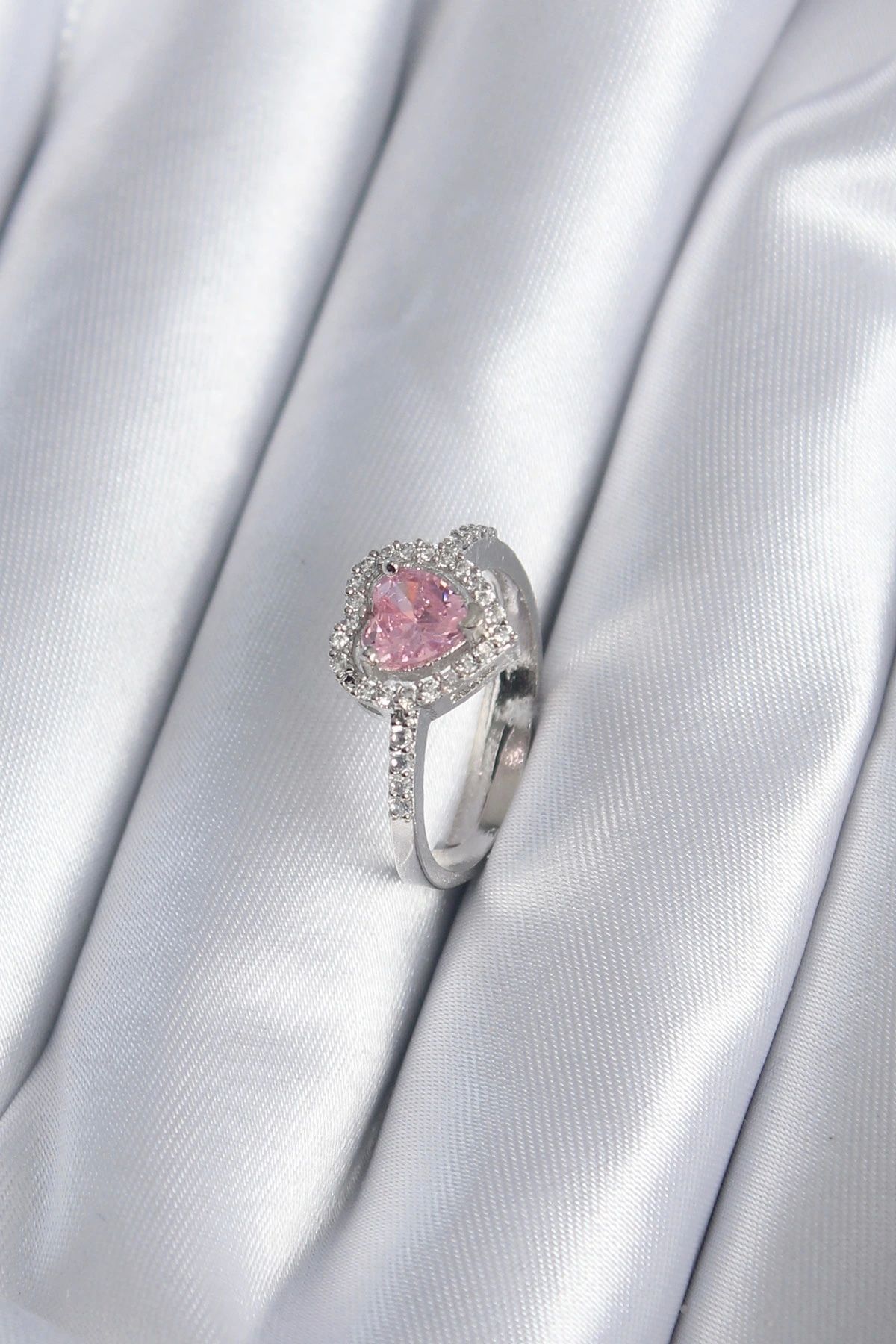 OurStyles Pirinç Gümüş Renk Pembe Zirkon Taş Kalp Charm Model Kadın Yüzük - TJ-BYK2859