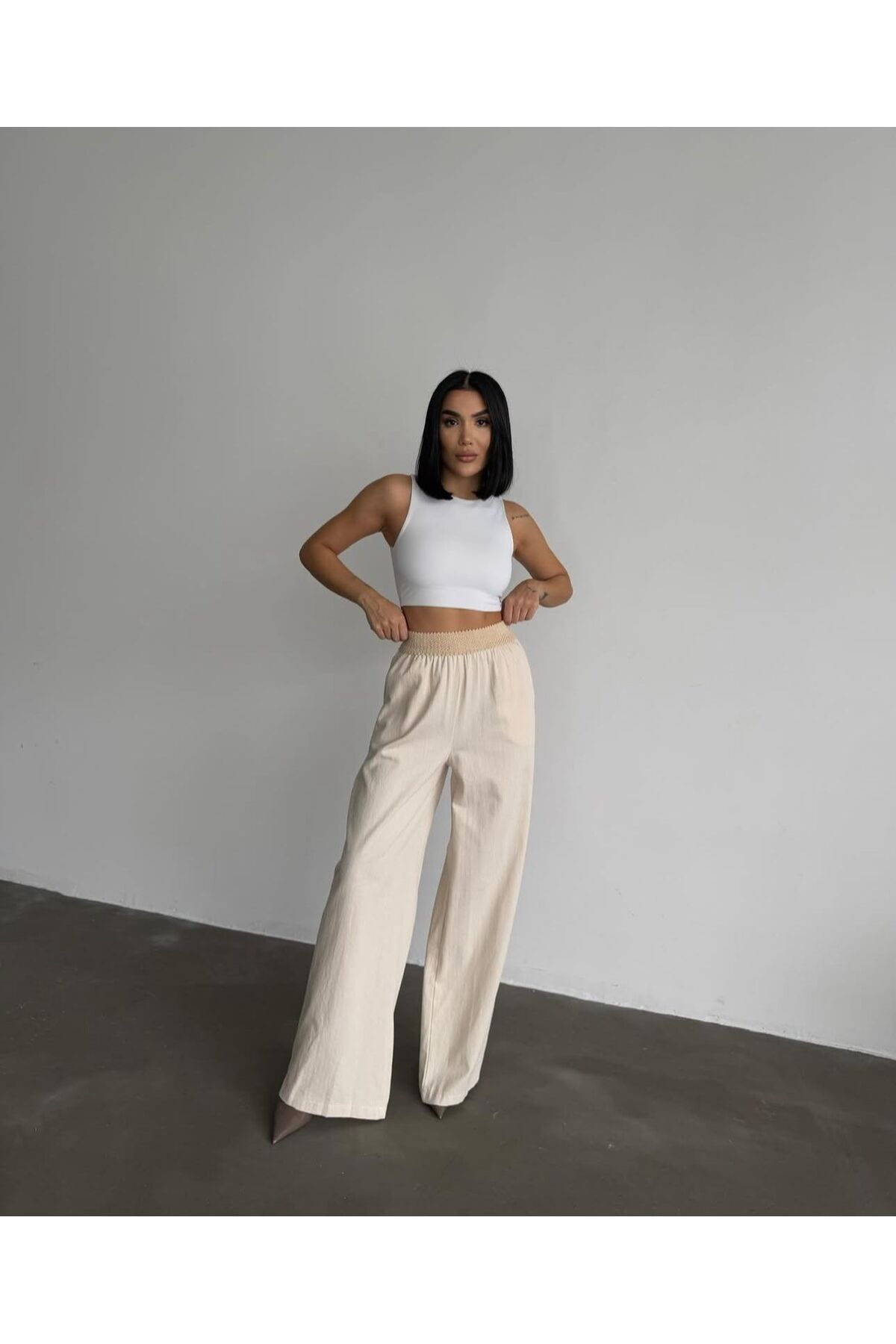 RENK RENK OUTLET BELİ LASTİKLİ KETEN PALAZZO PANTOLON