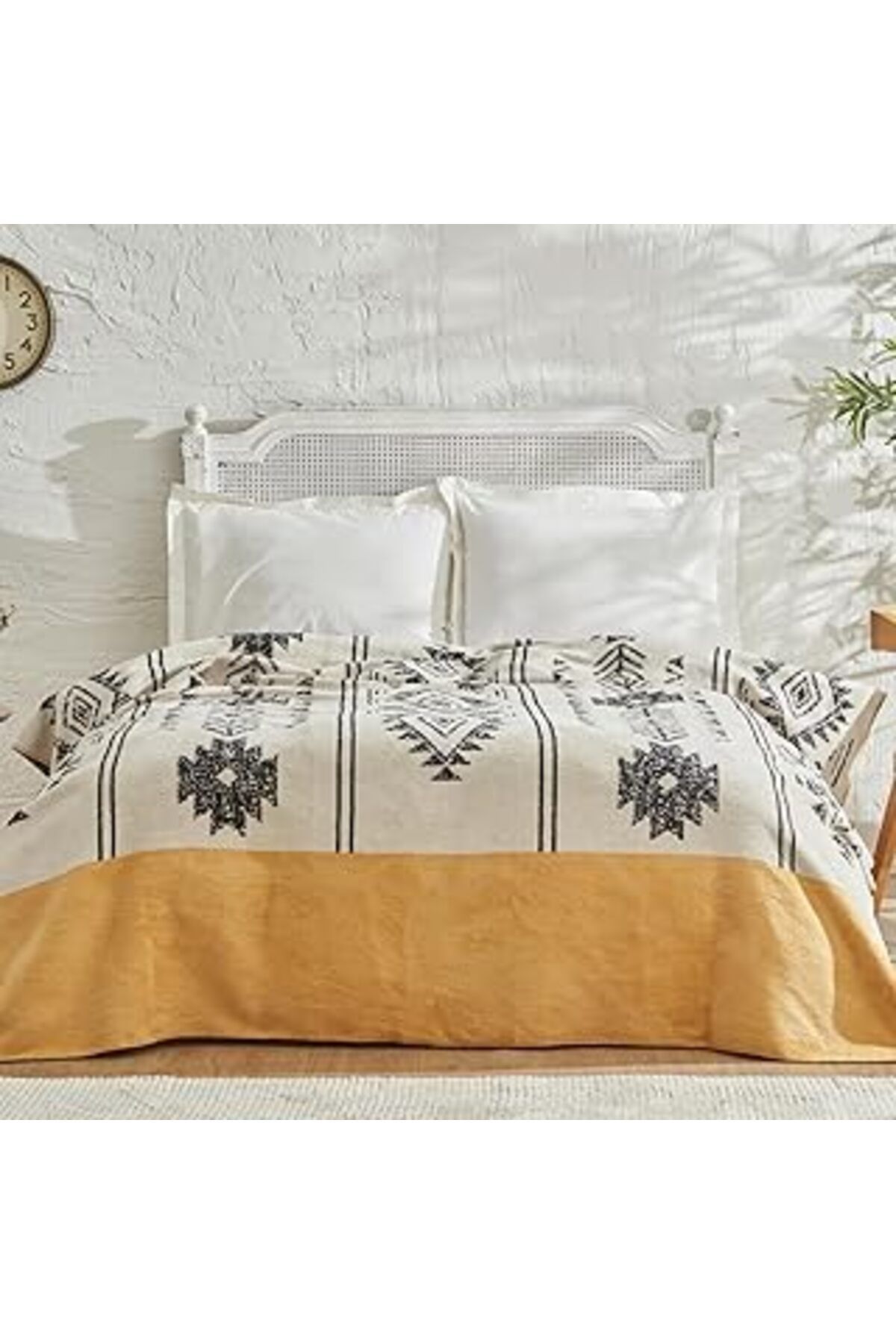 Mu Art Ahşap Karaca Home Raya Çift Kişilik Pamuk Battaniye Hardal