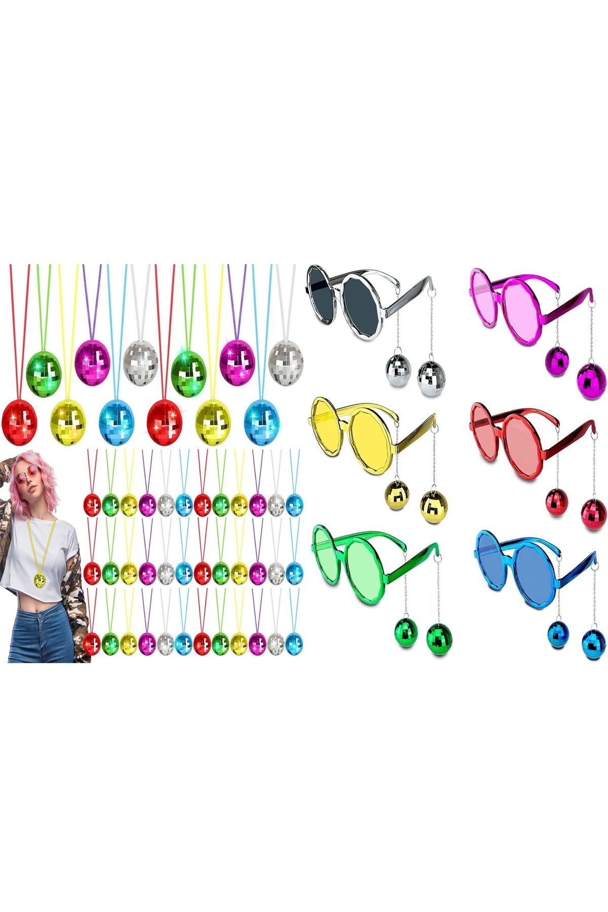 OurStyles 12 Parça Renkli Disko Toplu Retro Parti Seti – 6 Kolye + 6 Gözlük
