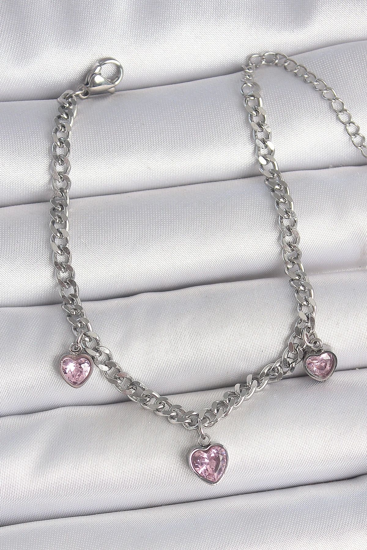 OurStyles 316L Çelik Gümüş Renk Zincir Sallantı Pembe Zirkon Taşlı Kalp Model Kadın Bileklik - TJ-BB6948