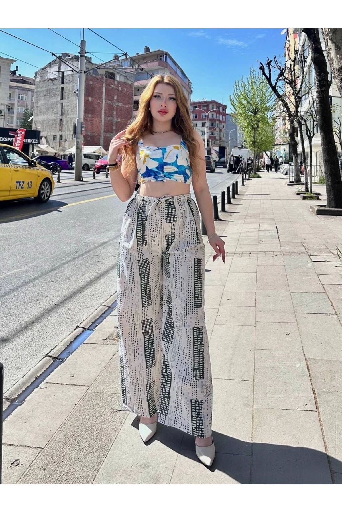 ufukmoda Baskılı Bağcıklı keten pantolon krem
