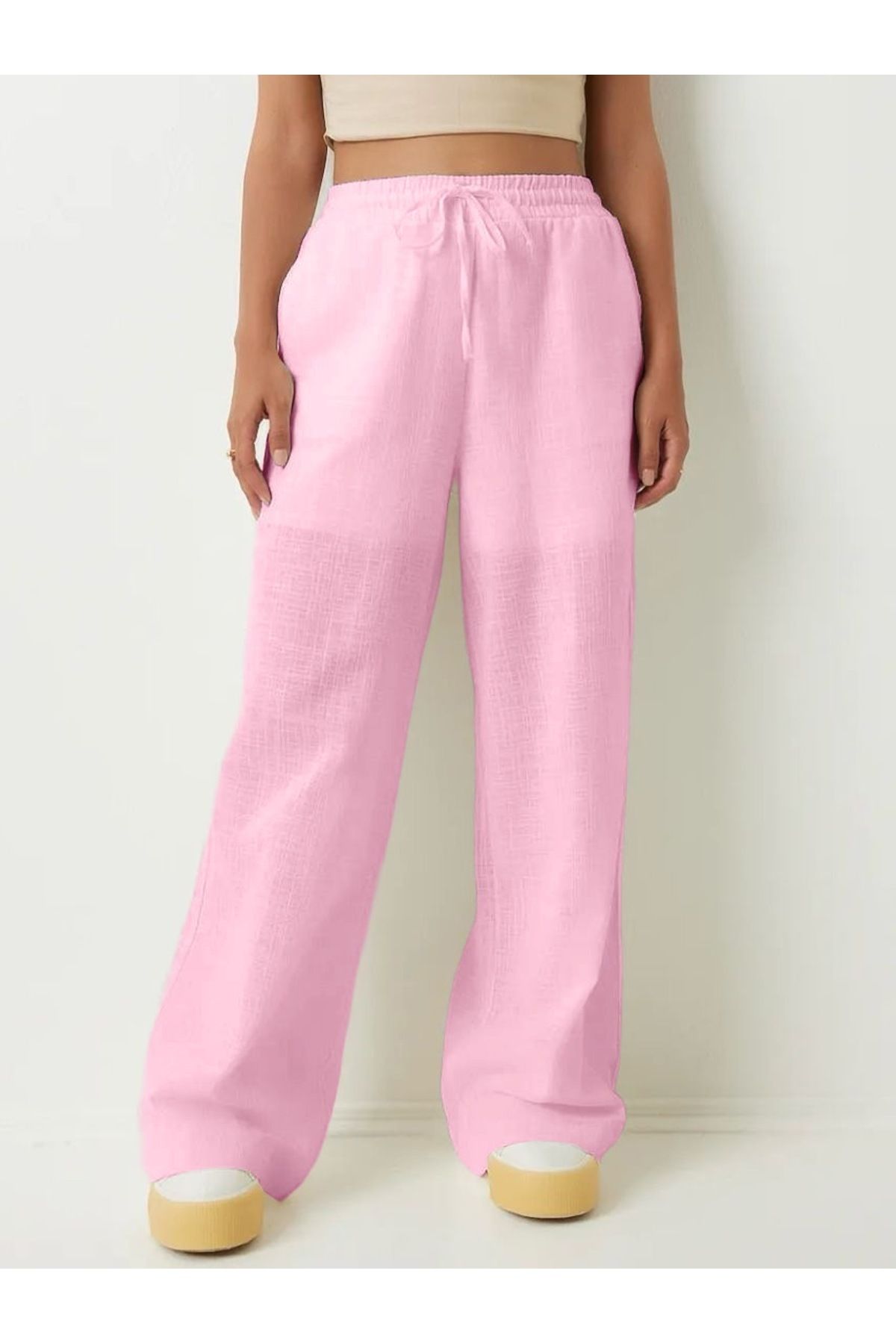 youlike butik Bol Kesim Geniş Paça Yarım Astarlı Keten Pantolon Pembe