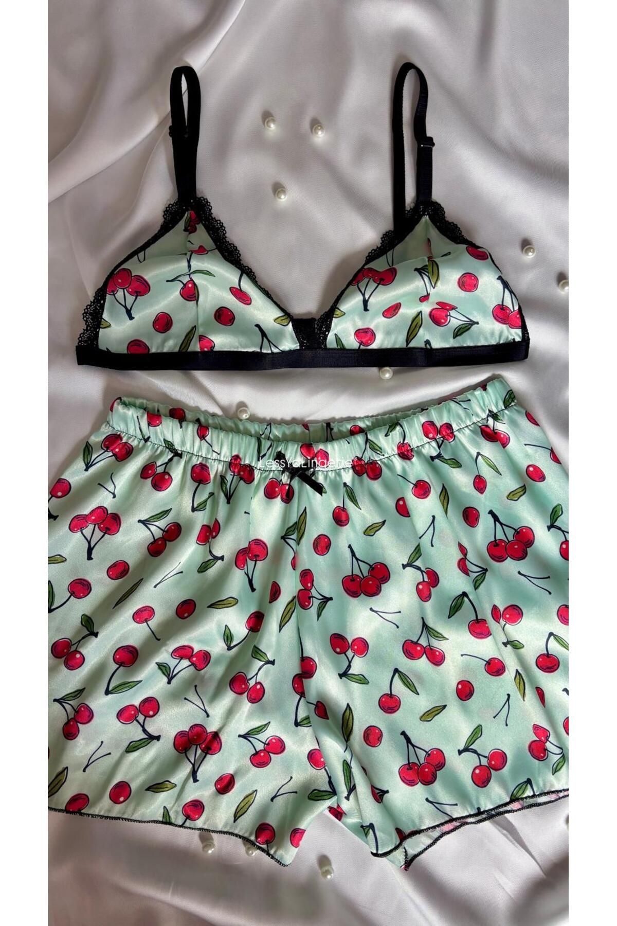 Lessya Saten Şortlu Bralet Pijama Takımı Desenli