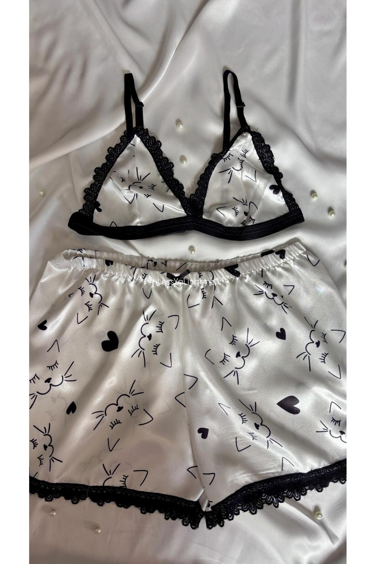 Lessya Saten Şortlu Bralet Pijama Takımı Desenli