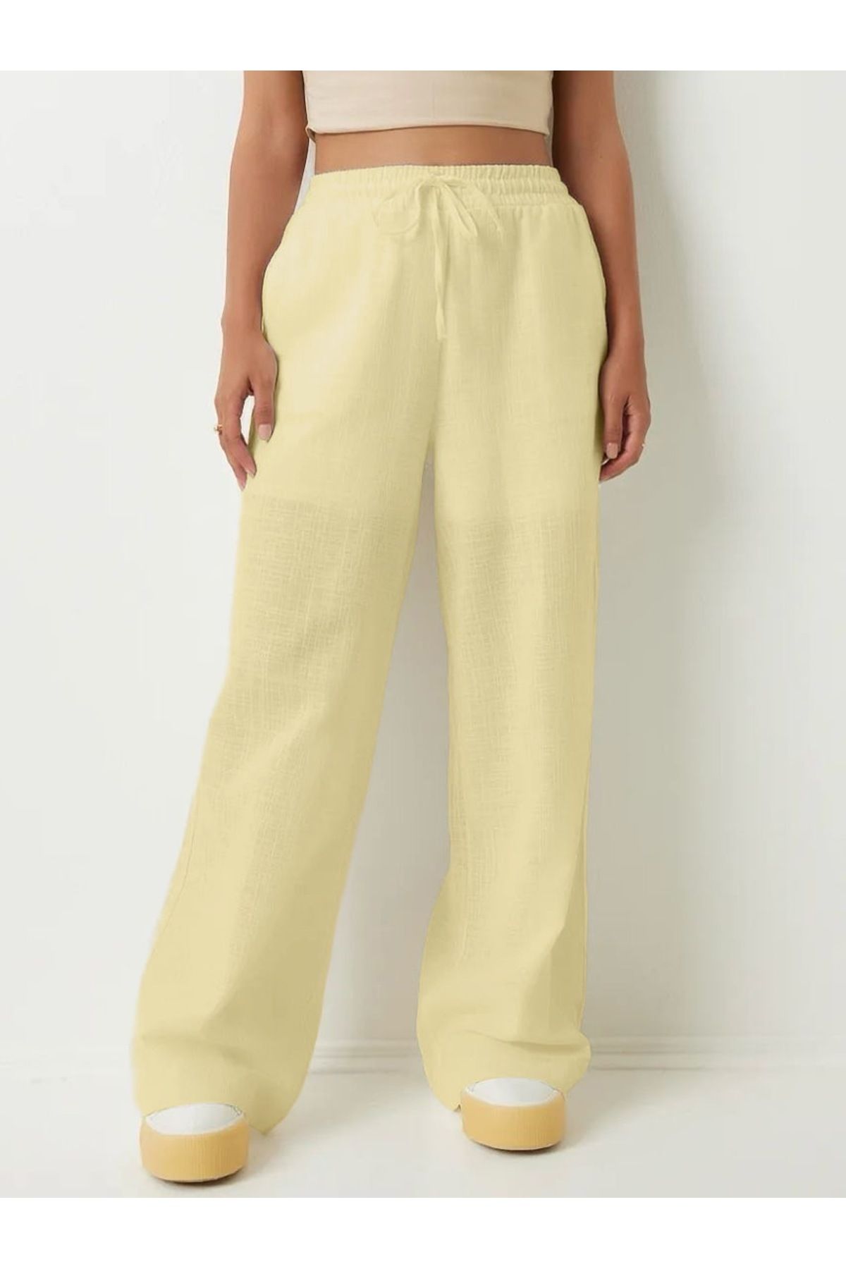 youlike butik Bol Kesim Geniş Paça Yarım Astarlı Keten Pantolon Sarı