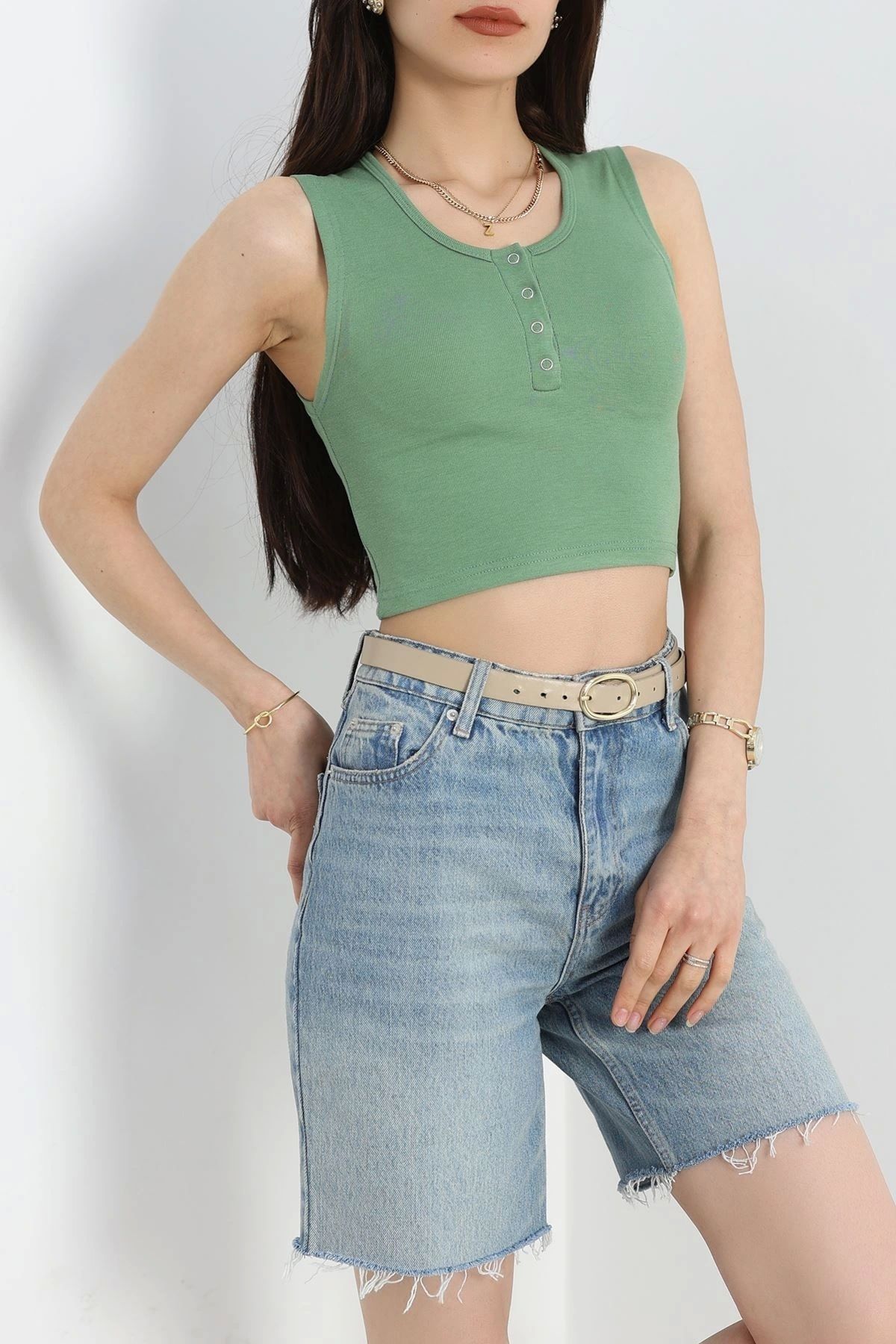 OurStyles Çıtçıtlı Sıfır Kol Body Haki - 40782.1723.
