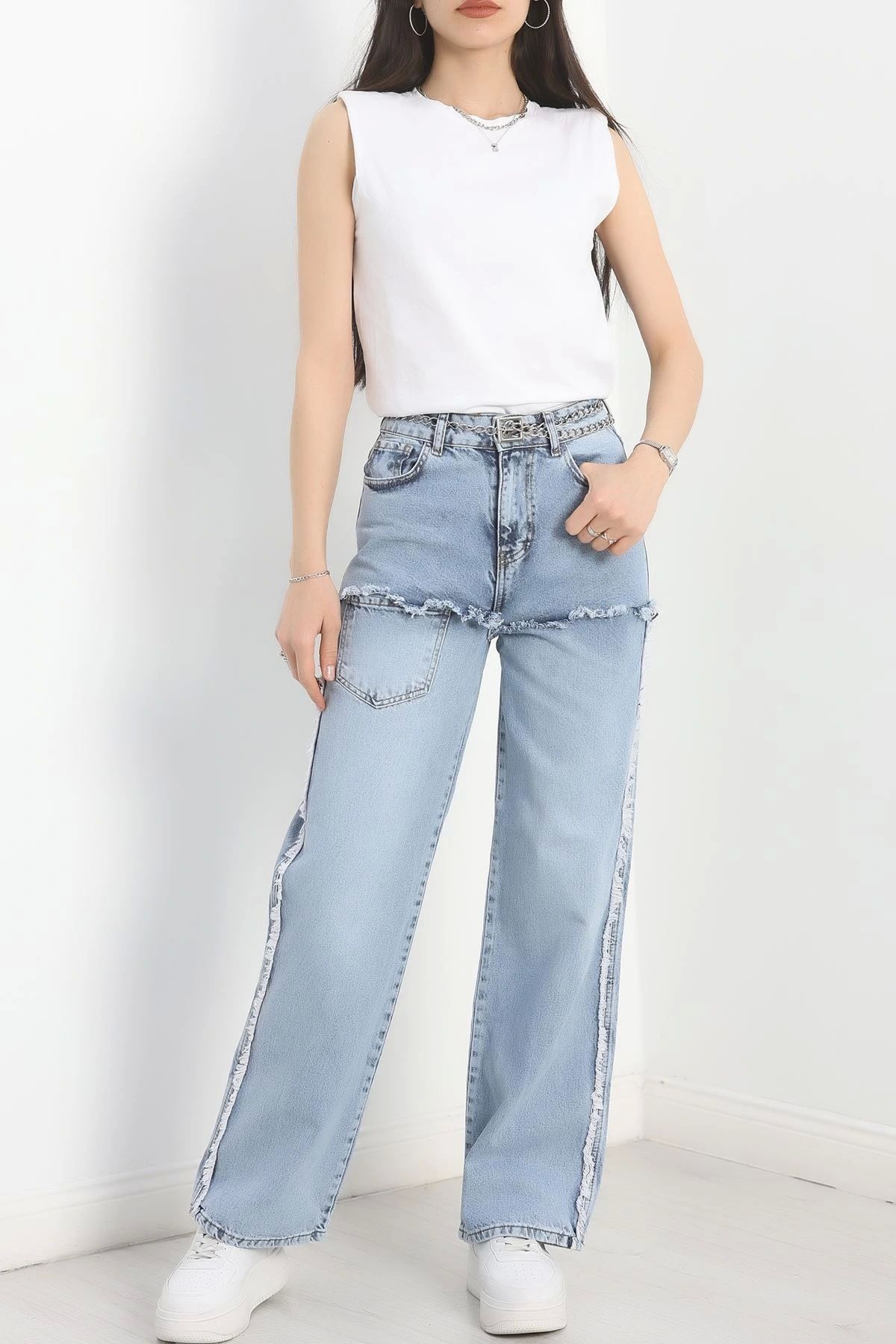 OurStyles Cep Detay Püsküllü Palazzo Kot Pantolon Buzmavi - 30587.01975.