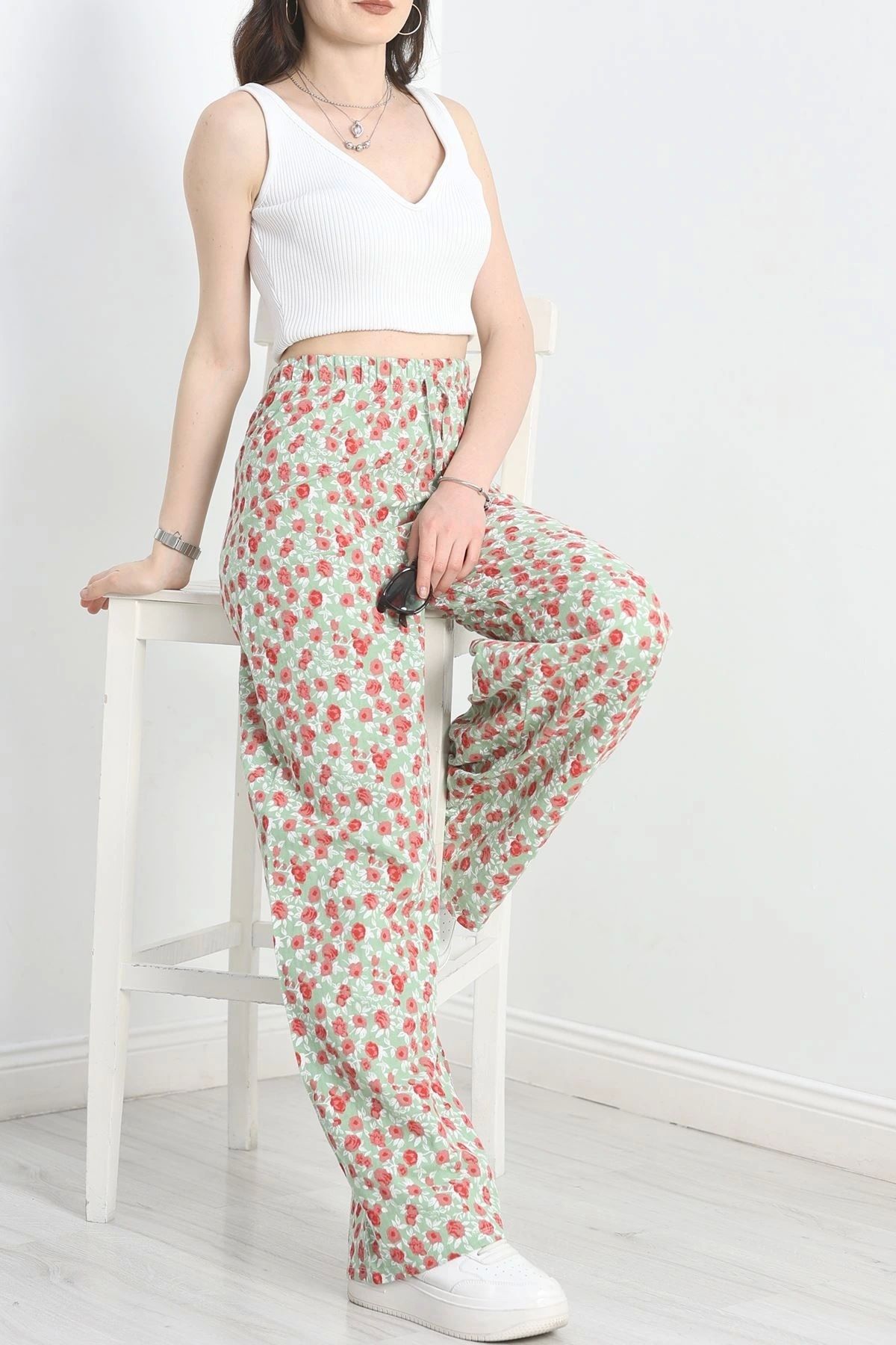 OurStyles Desenli Keten Pantolon Yeşilkırmızı - 40997.701.