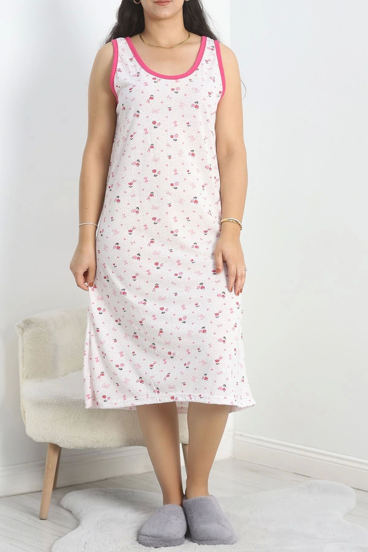 OurStyles %100 Pamuk Desenli Gecelik Battal Elbise Fuşya - 70187.2008.