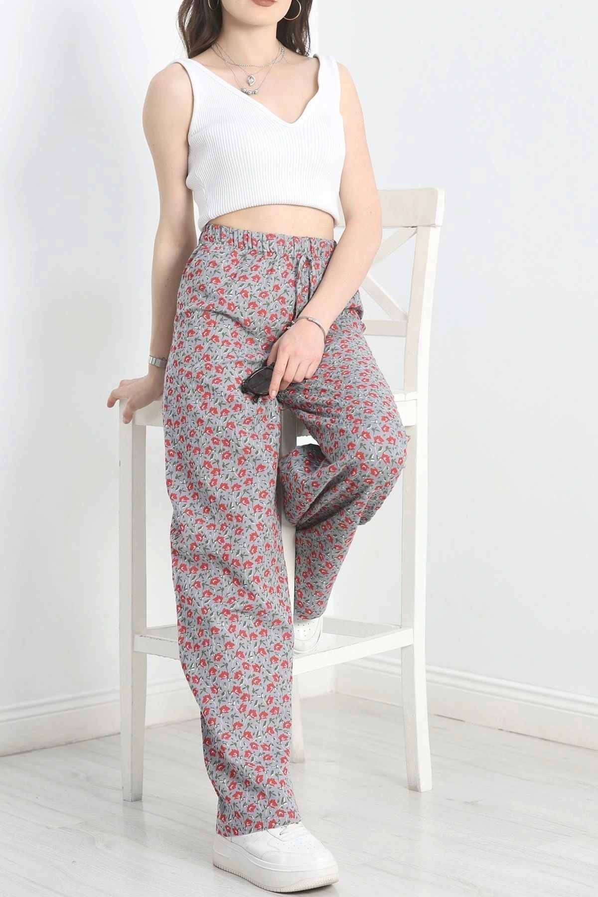 OurStyles Desenli Keten Pantolon Kırmızıgri - 40997.701.