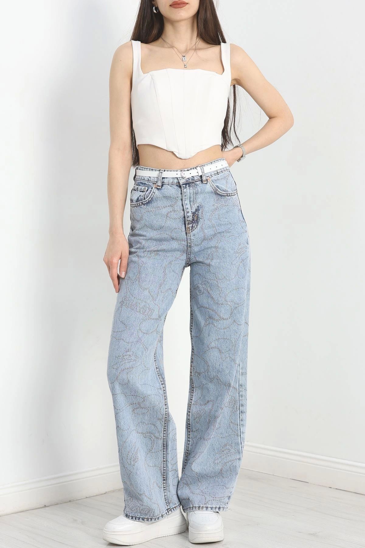 OurStyles Baskılı Palazzo Kot Pantolon Buzmavi - 40770.1431.