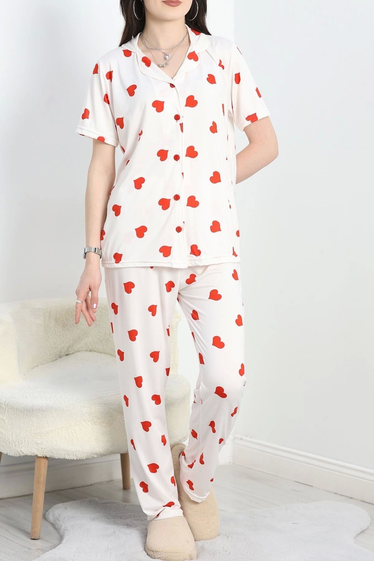 OurStyles Milan Kumaş Düğmeli Pijama Takımı Ekrukırmızı - 50145.1857.