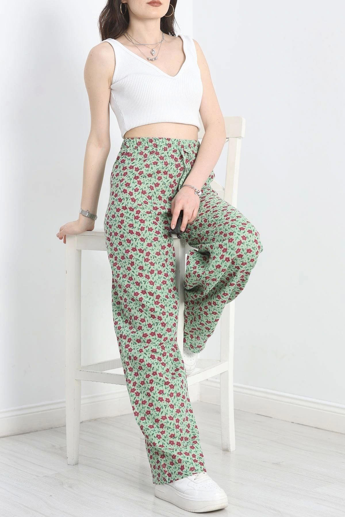 OurStyles Desenli Keten Pantolon Yeşilfuşya - 40997.701.